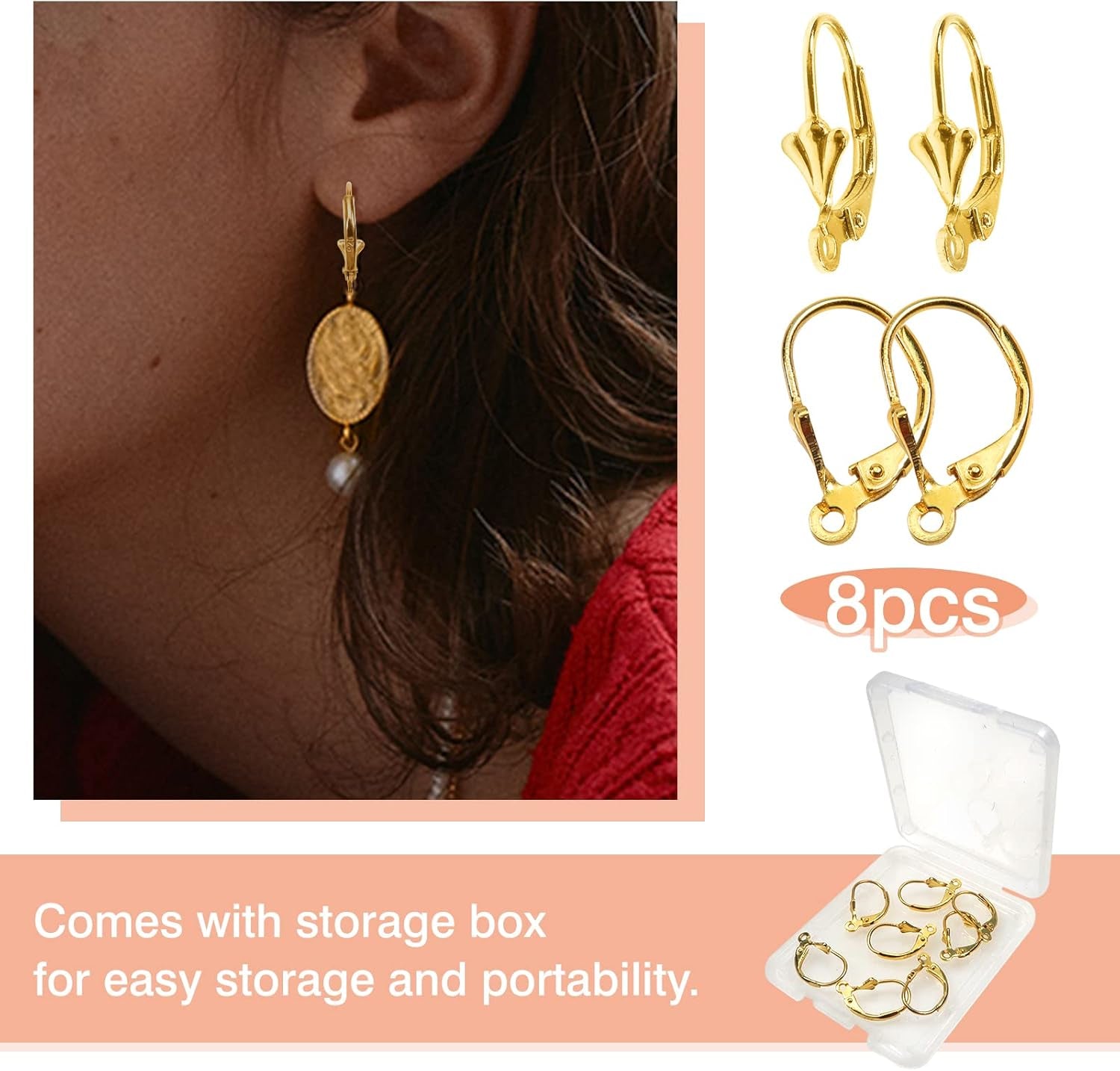 8Pcs 925 Sterling Silver Leverback French Earring Hooks with Open Loop 10X17Mm Hypo Allergenic Gold Dangle Ear Wire Findings for Jewelry Making