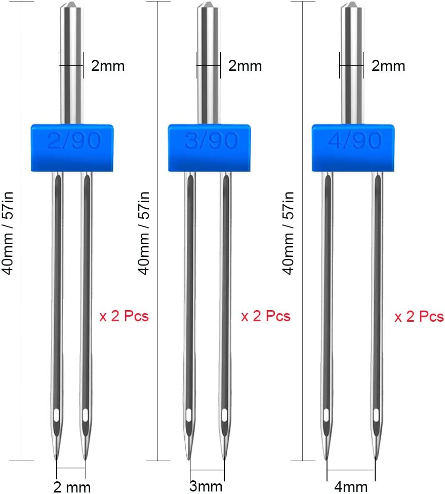 6Pack Twin Needle Double Needle with 2 PCS 9 Groove Pintuck Presser Foot 3 Size 2/90 3/90 4/90 by