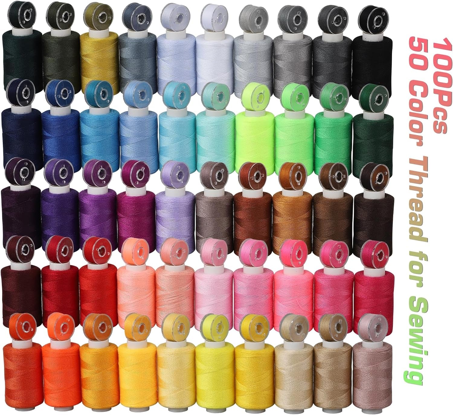 100Pcs Bobbins Sewing Threads Kit, 500 Yard per Polyester Thread Spools, Prewound Bobbins with Case, Sewing Threads for Sewing Machine, Sewing Supplies for Hand, Travel, DIY and Home, 50 Colors