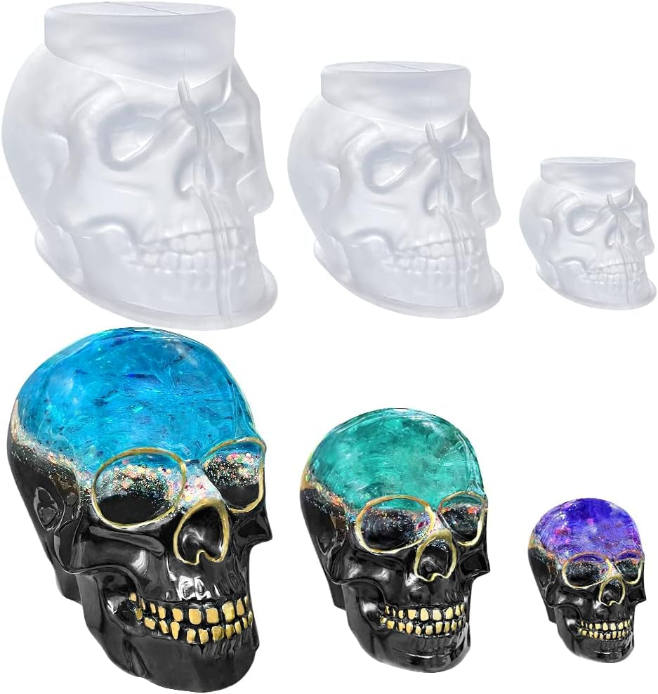 Set of Large + Medium + Small 3D Skull Resin Molds, Flexible Clear Silicone Skull Head Molds, Silicone Molds for Resin, Soap, Clay, Candle Wax Casting, Halloween Home Decoration