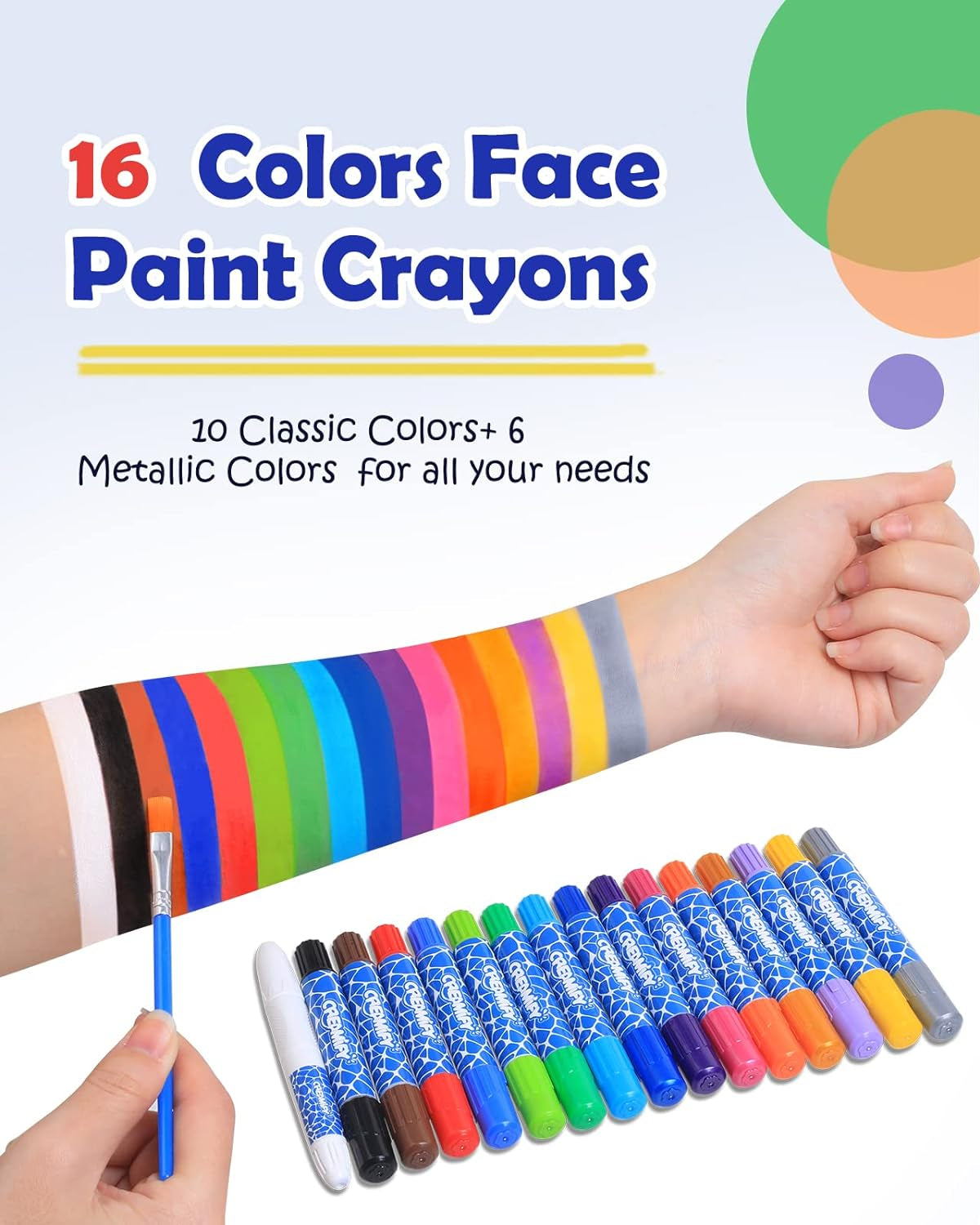 Rainbow Colors Face Painting Kits- 16 Colors Twistable Face Paint Marker Sticks with 2 Brushes, LGBT Washable Face Paint Crayons Kit, Birthday, Pride Day
