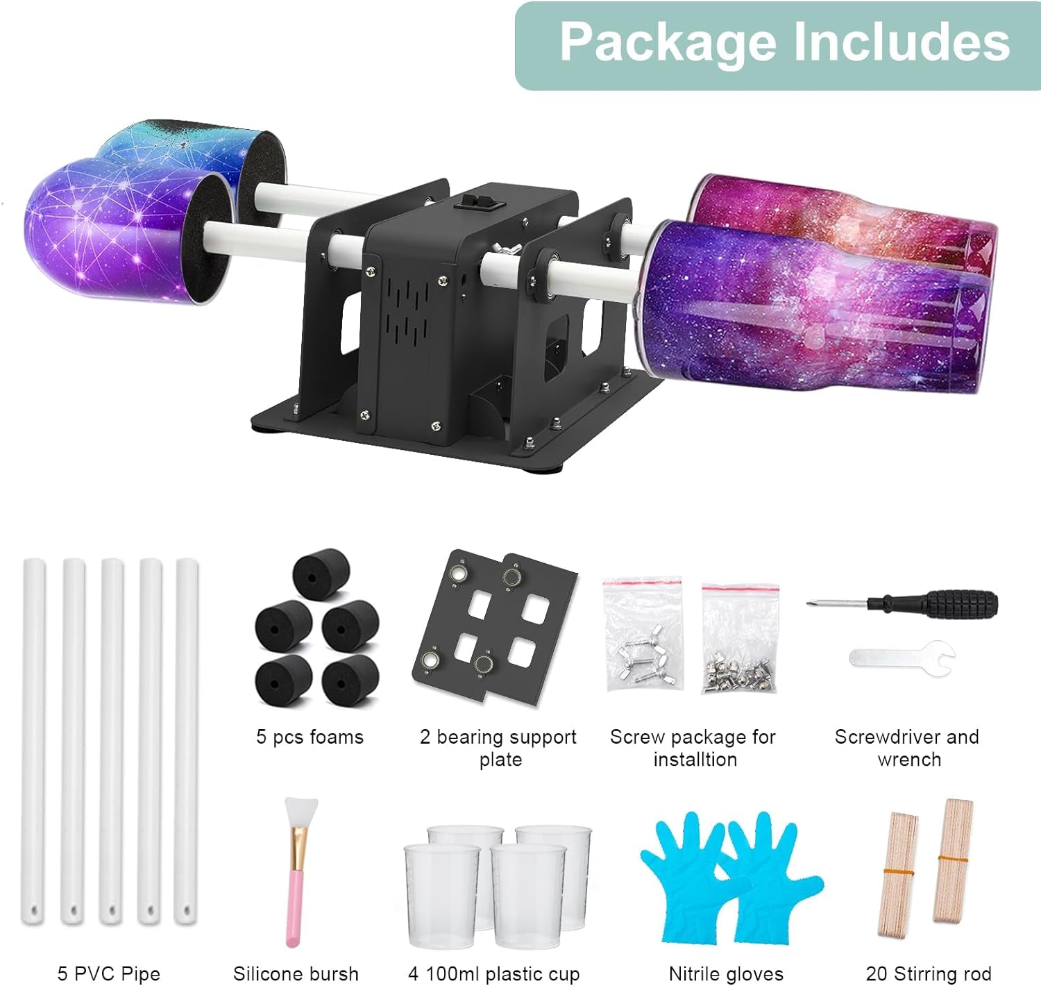 Creative Cuptisserie 4 Cup Turner Tumbler Steel Frame Cup Spinner Machine for Drying Epoxy Resin DIY Rotisserie Motor Rotator Kit to Personalize Tumbler Spinner Crafts at Home