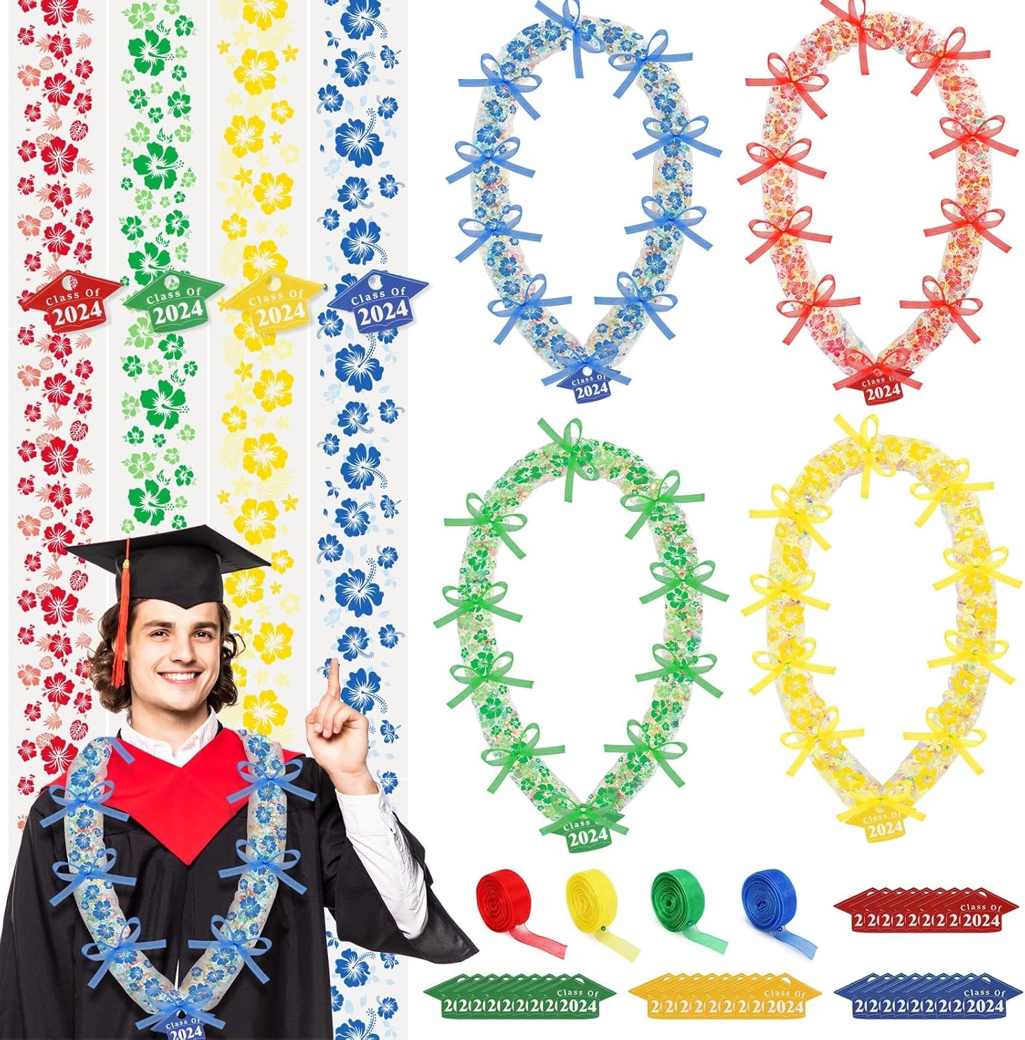 36 Set Graduation Candy Lei Making Kit,Class of 2024 Graduation Hawaiian Candy Lei Bags,Candy Lei Tubing Kit Gift Ribbon Present for Graduation Party Supplies