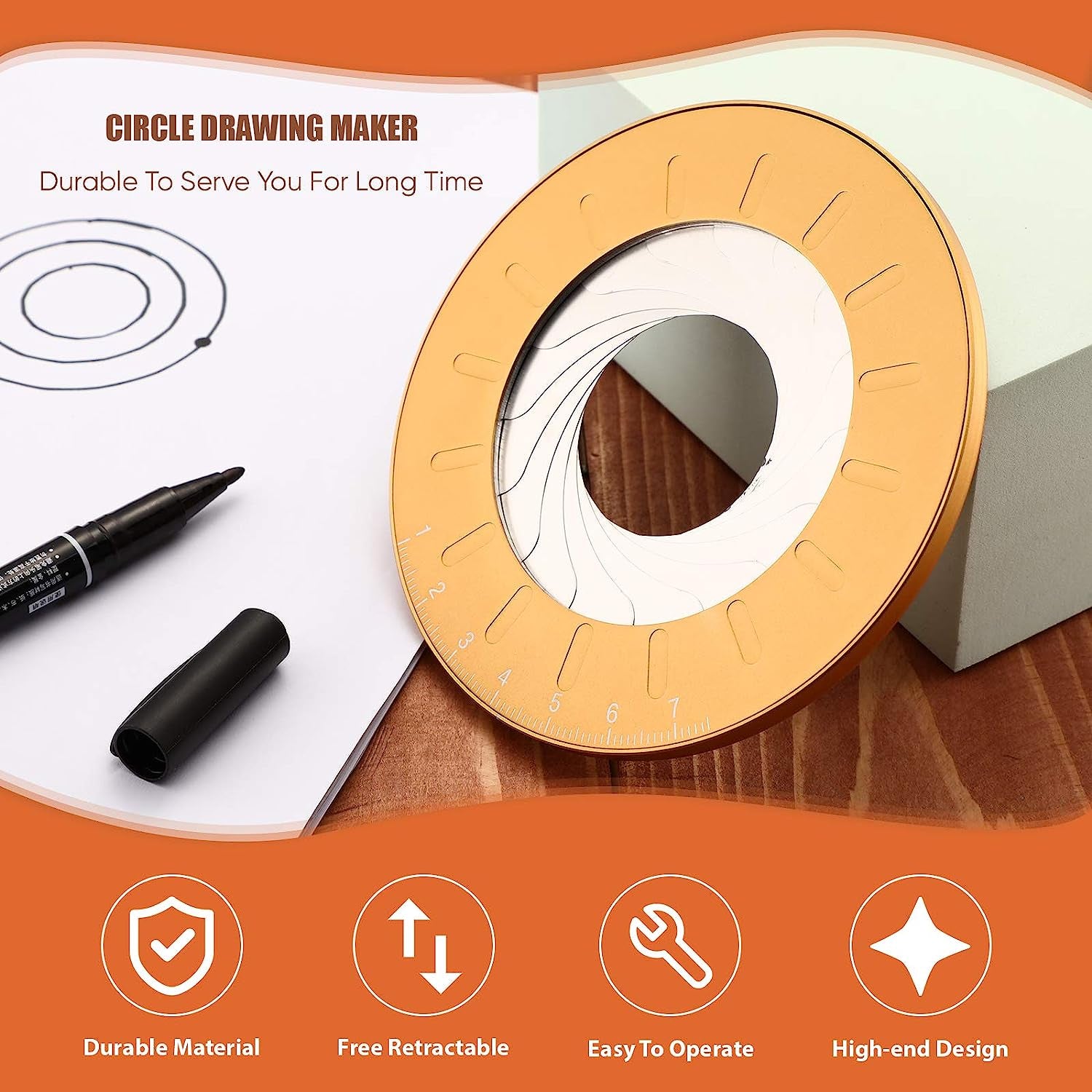 Circle Drawing Maker Aluminum Alloy Circle Template Adjustable Circle Drawing Tool round Circle Template Tool Ring Circle Making Tool with Black Flannelette Bag for Drafting, 125 Mm (Yellow)