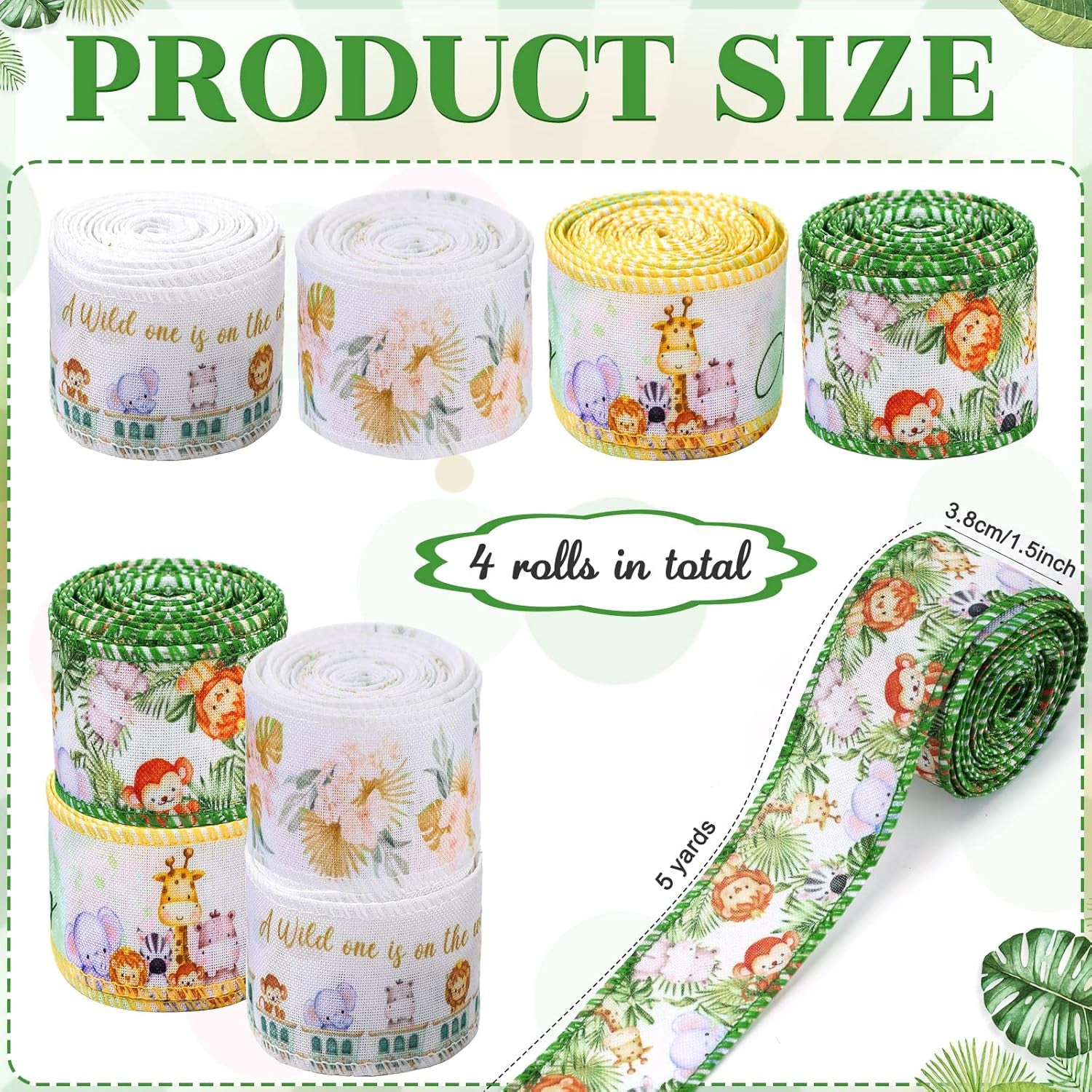 4 Rolls of 20 Yards Safari Animal Theme Ribbon 1.5 Inch Wide Forest Rib Wired Baby Shower Ribbon Jungle Animal Leaf Ribbon Animal Print Ribbon for DIY Craft Jungle Animal Theme Birthday Party Decor