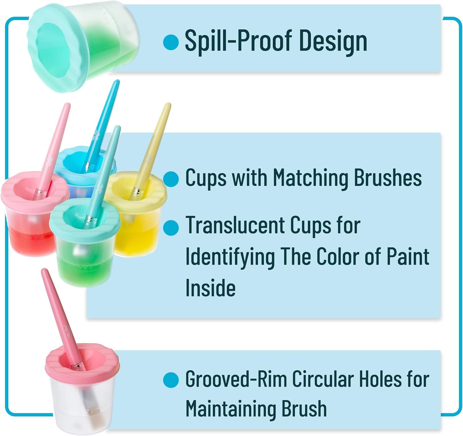 - No Spill Paint Cups with Pastel Colored Lids, 4 Pcs with 4 Paint Brushes, Paint Containers with Lids, Paint Cups with Lids for Kids, Paint Cups for Painting, Spill Proof Paint Cups for Kids