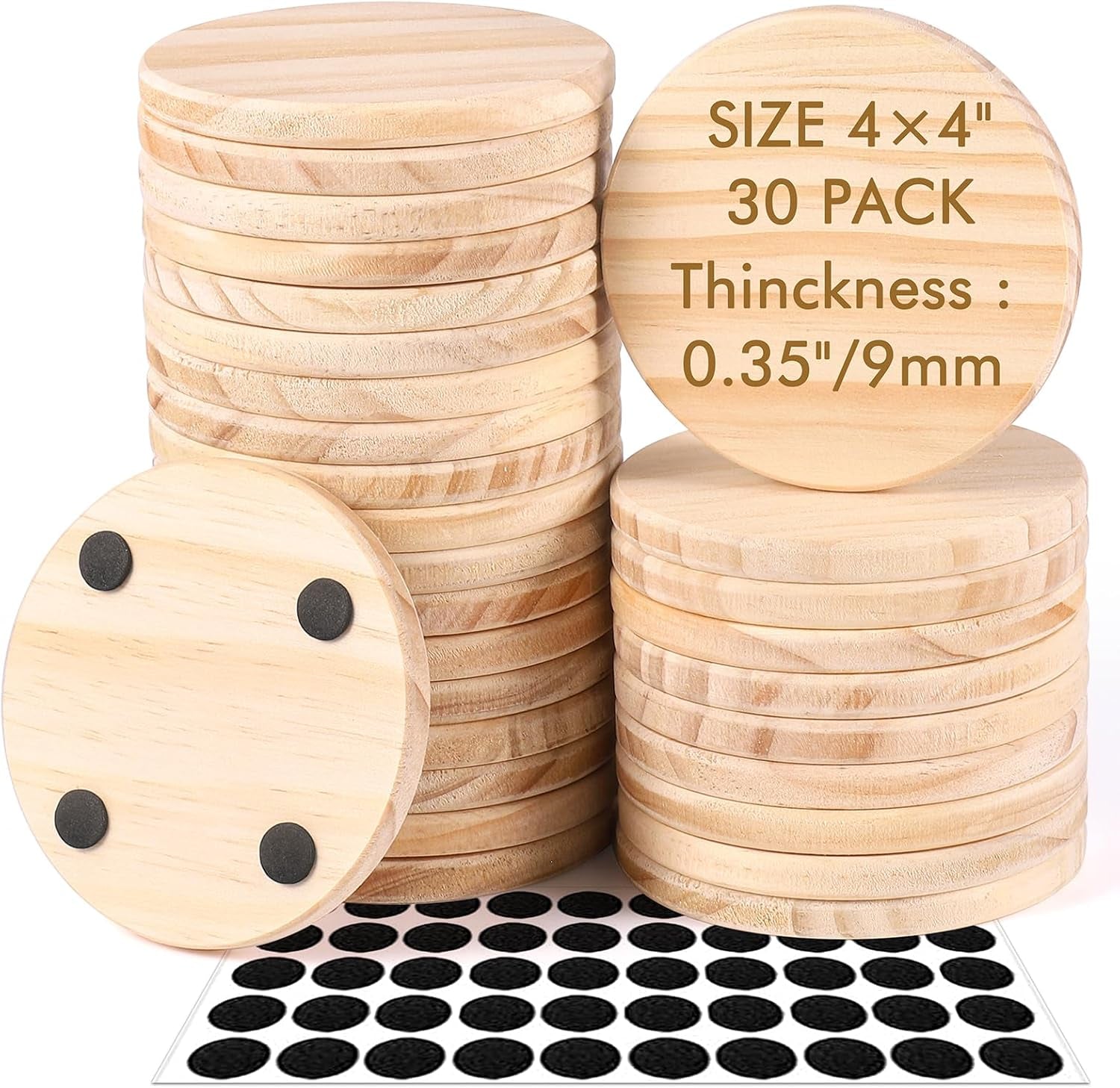 30 Pieces Unfinished Wood Coasters, 4 Inch round Blank Wooden Coasters for Crafts with Non-Slip Silicon Dots for DIY Stained Painting Wood Engraving Home Decoration