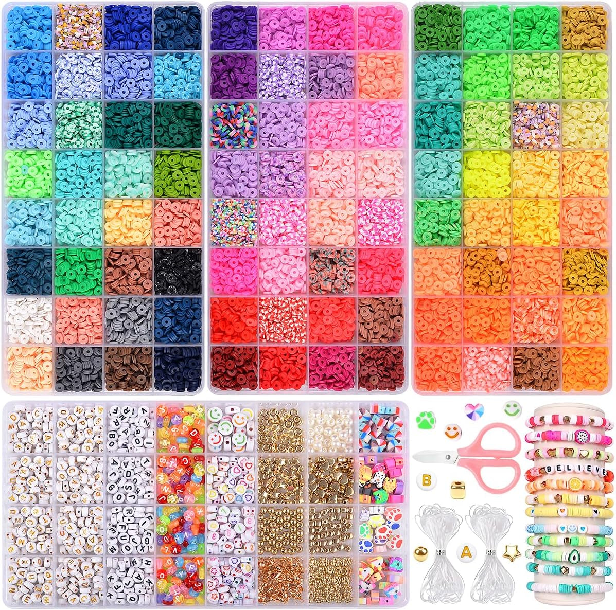 Clay Beads Bracelet Making Kit 10000 PCS 56 Colors Flat round Polymer Heishi Beads Kit with Letter Beads for Jewelry Bracelets Necklace Making