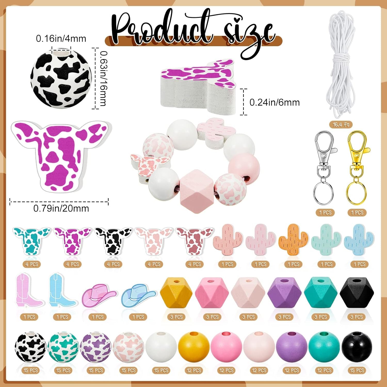 197 Pcs Cow Beads Western Beads Wood Beads for Jewelry Making Beads for Pens Colorful Wood Beads for Crafts with Rope Keyring for DIY Adults Jewelry Bracelets
