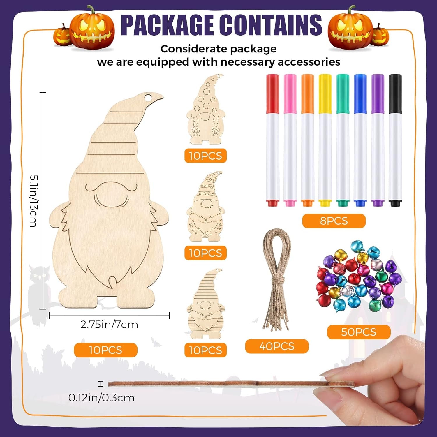 Halloween Unfinished Wooden Gnome Ornaments Include Blank Gnome Cutout Hanging Slices, Colored Marker, Bells for Kids Christmas Tree Craft Painting DIY All Festival(40 Sets)
