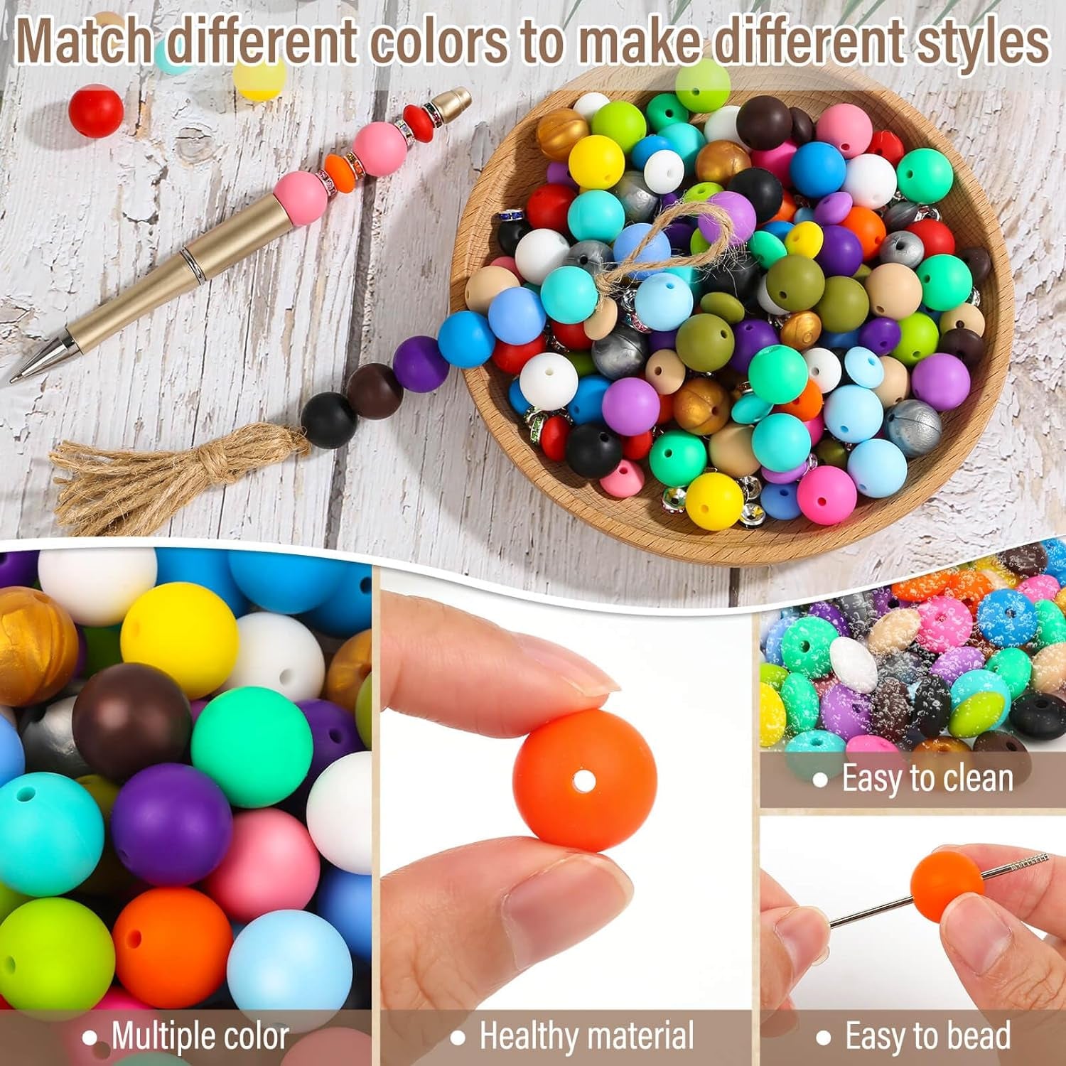 300 Pieces Focal Beads for Pens, 12Mm Silicone Lentil Beads, 15Mm Silicone round Beads and 8Mm Rhinestone Spacer Beads for Beadable Pen, Keychain Making and Jewelry Making