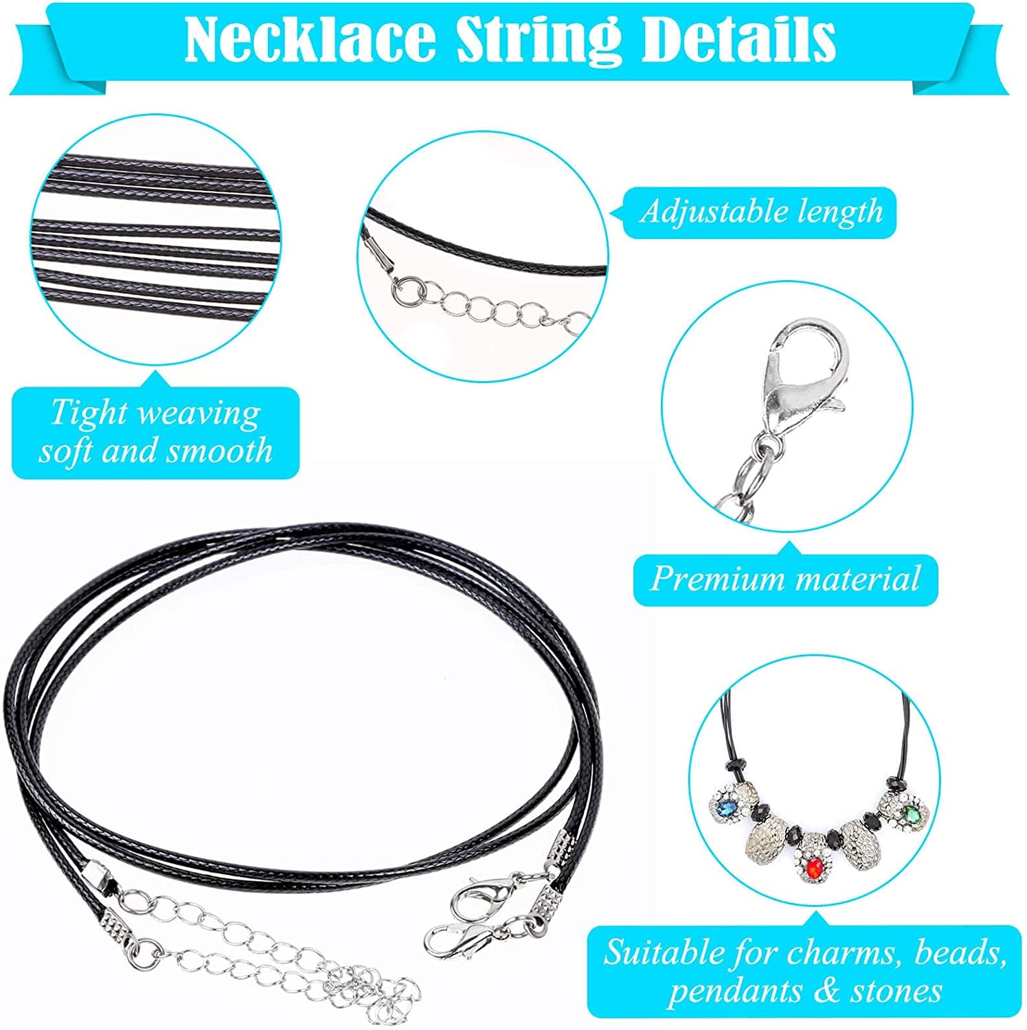 150Pcs Black Necklace String Cord Bulk for Charms Pendants, Waxed Cotton Cord with Jewelry Clasps for Bracelets, Necklaces, Jewelry Making and Beading Supplies