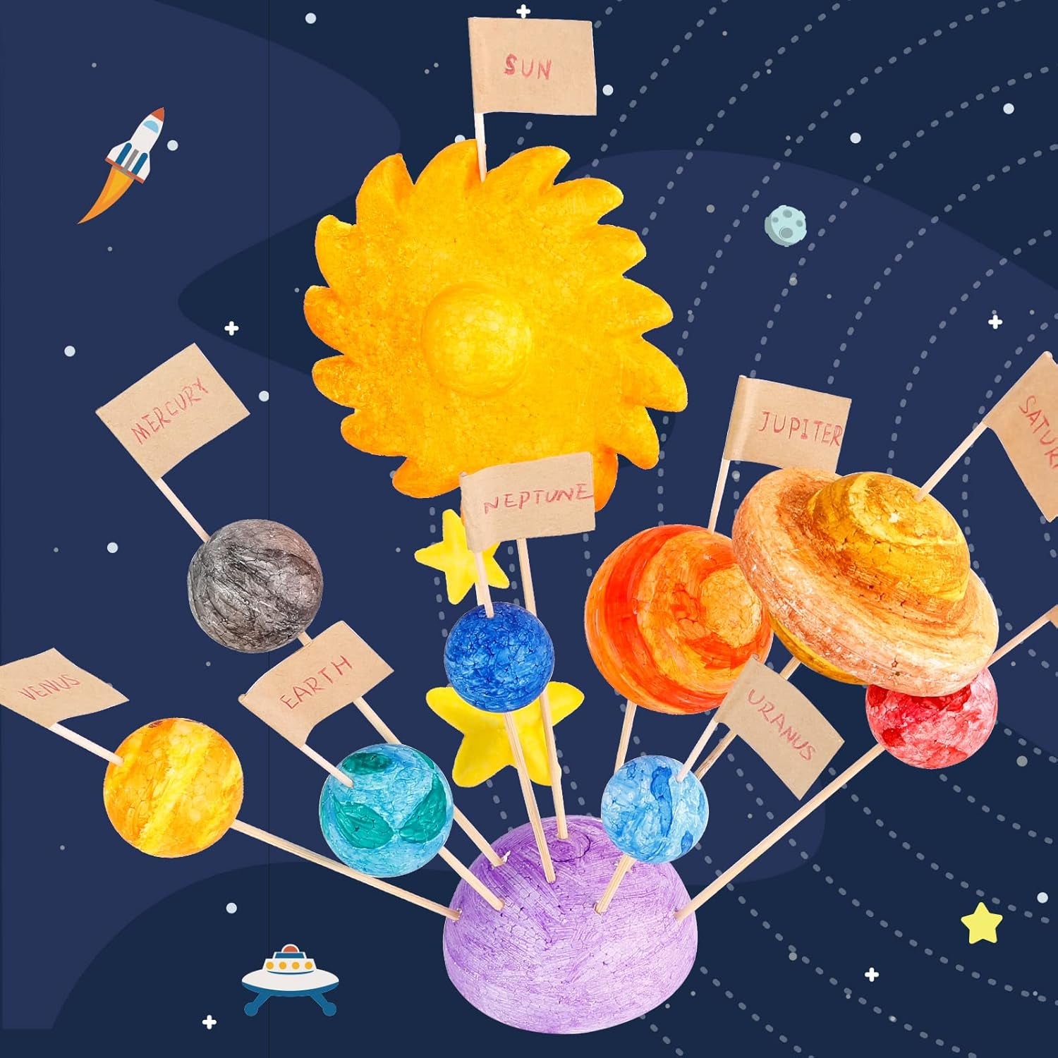 63PCS Solar System Foam Ball Kit Includes Color Pigments, Palette, Mixed Sized Polystyrene Spheres Balls, Toothpick Flag, Painting Brushes, Bamboo Sticks for School Science Projects