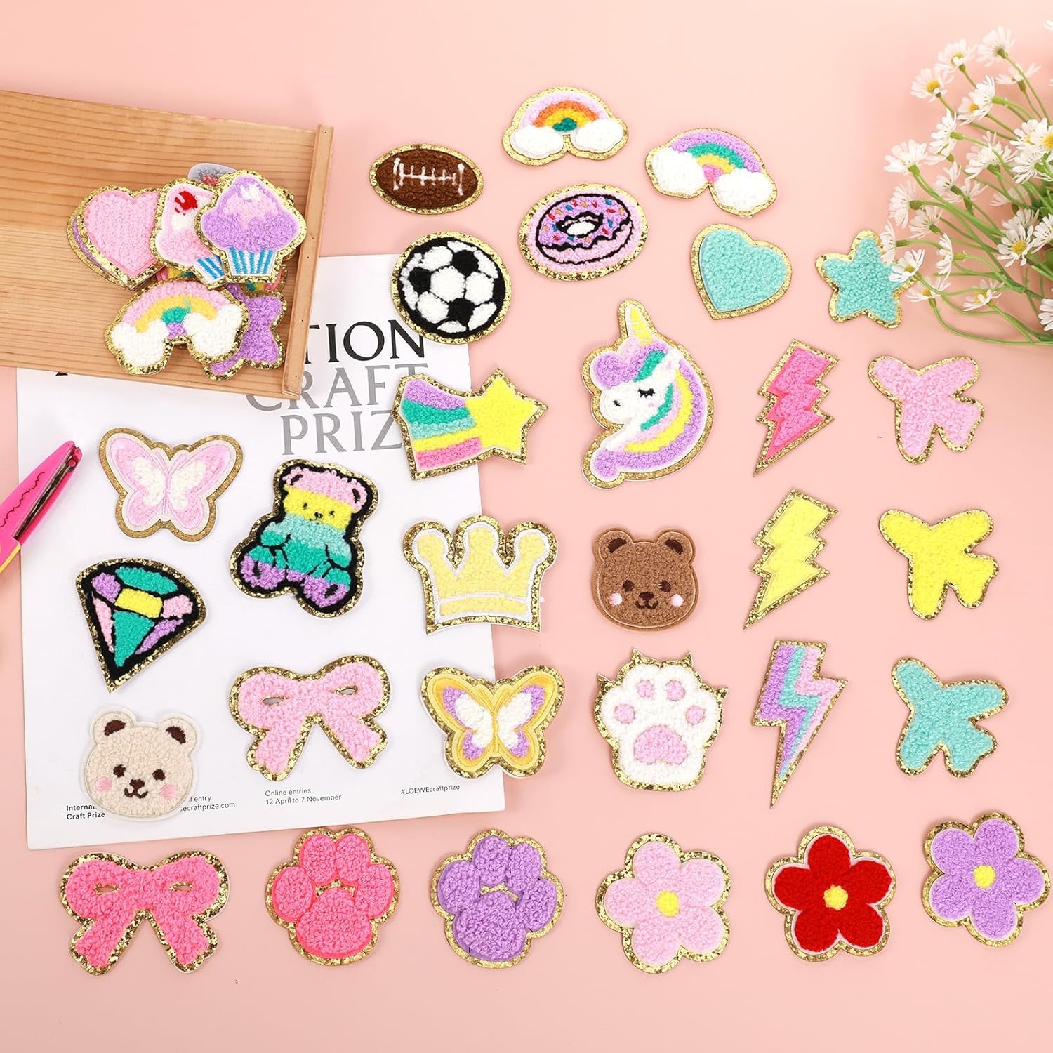 40 Pcs Chenille Embroidered Patches, Self Adhesive Glitter Patches Flowers Stars Hearts Rainbows Butterflies Cat Paws Diamonds Lightning Fabric Stickers for Clothes Repair Decor Accessories