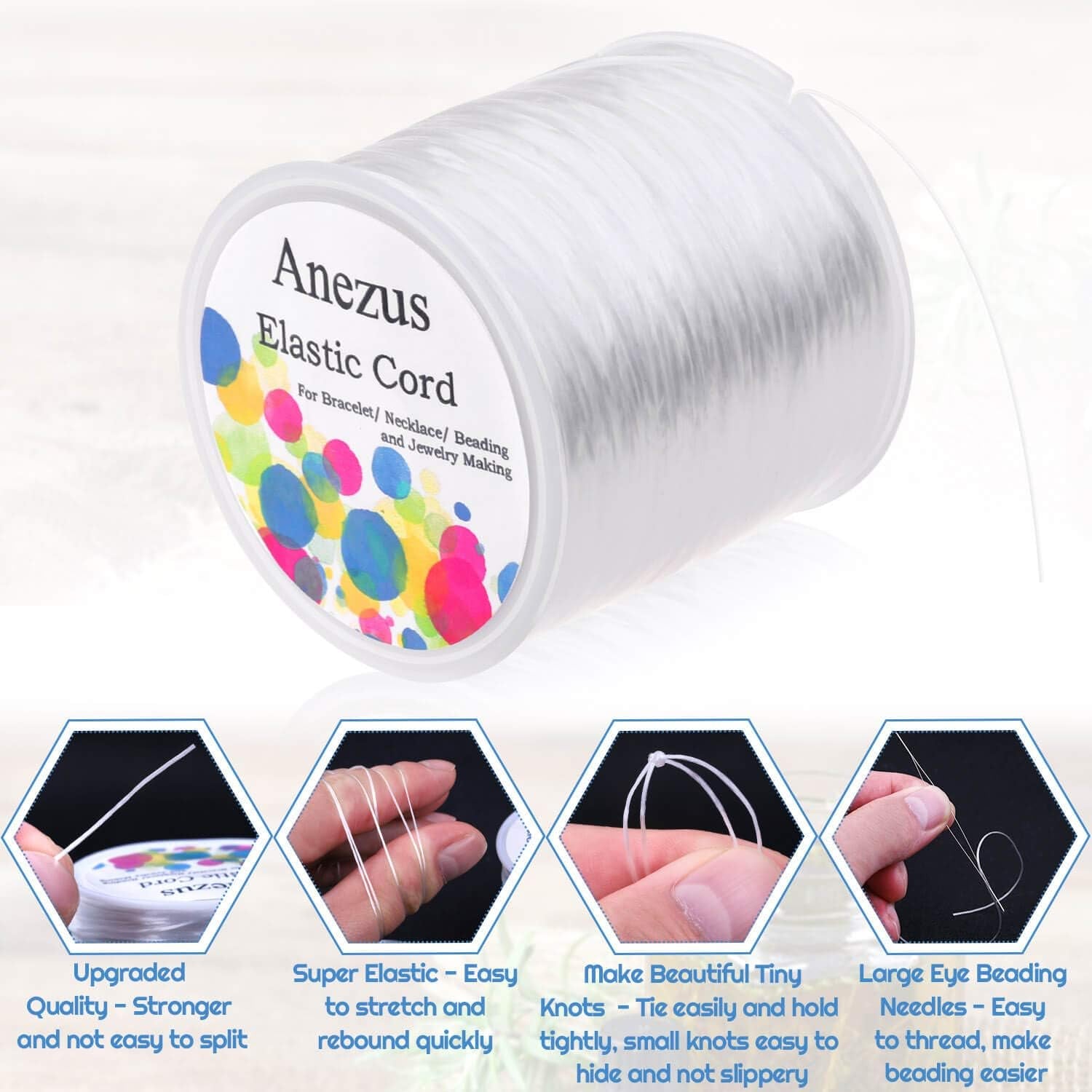 Stretchy String for Bracelets,  Elastic String Jewelry Bead Cord with 2Pcs Large Eye Beading Needles for Seed Beads, Pony Beads, Bracelets and Jewelry Making White
