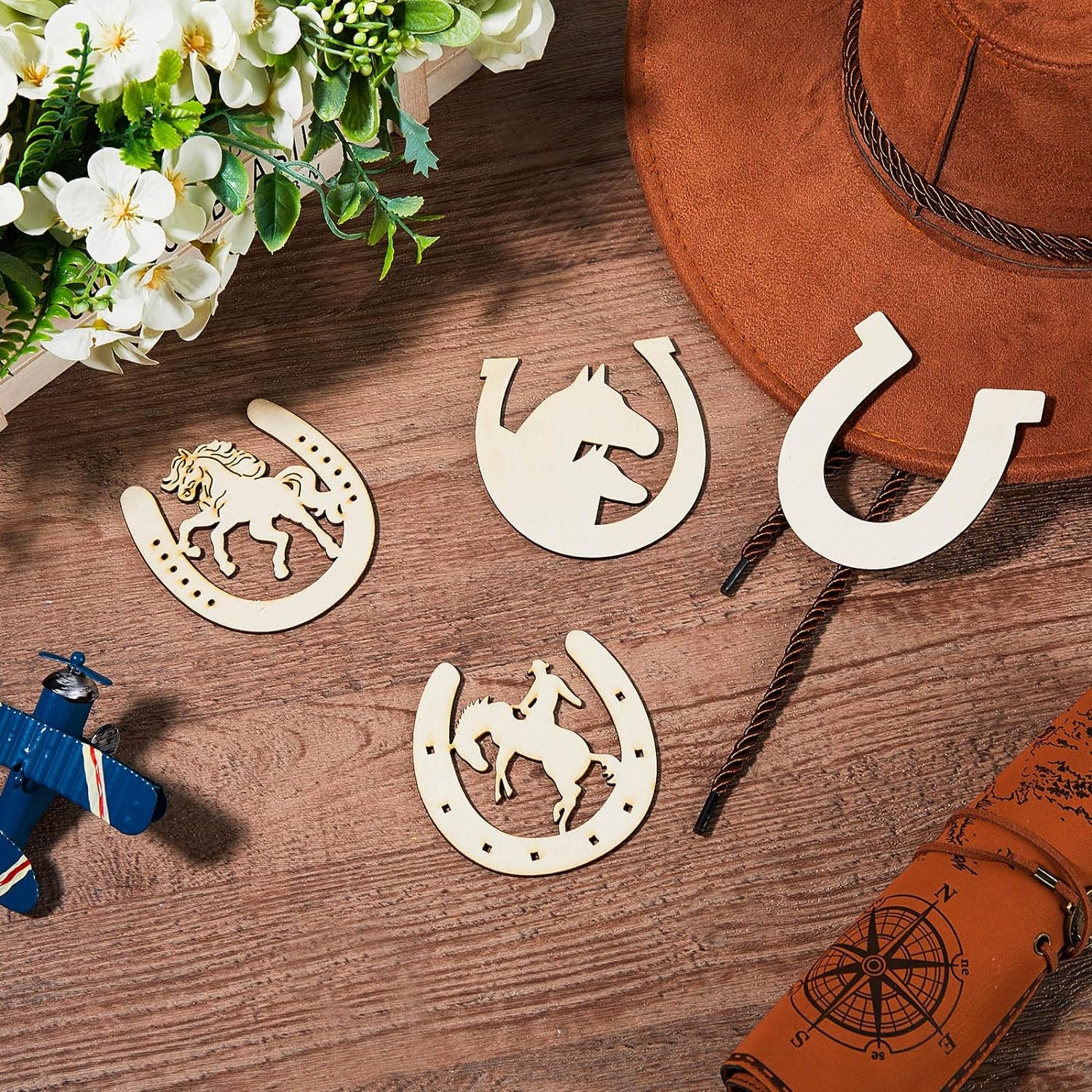 Wooden Horseshoes Cutout for Crafts DIY Unfinished Wooden Horseshoes Christmas Cowboy Decor Western Party Decor Blank Horseshoe Wood Horse Cutout Western Craft Supplies Discs Slices(96 Pcs)