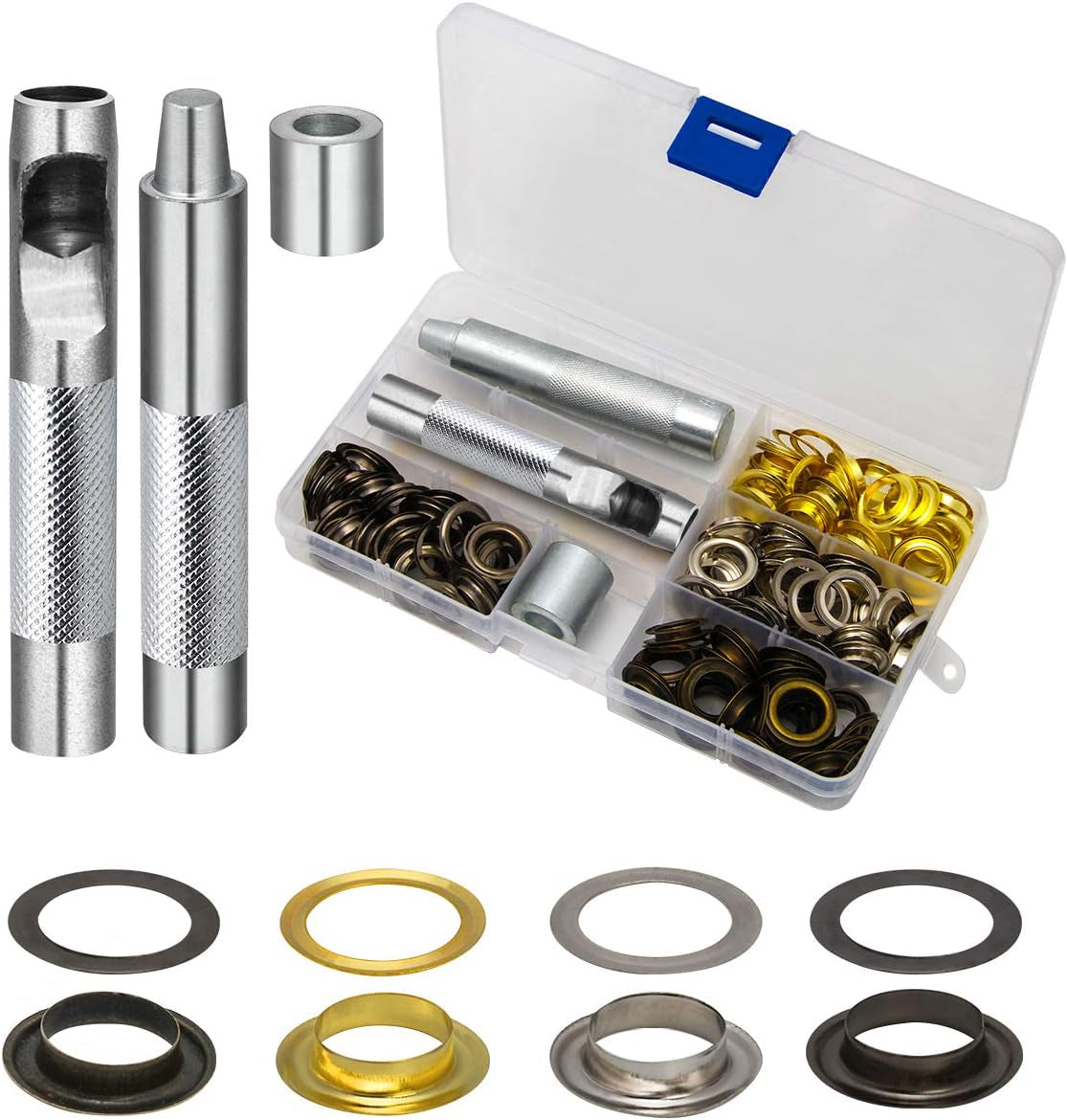 1/2 Inch Grommet Kit 100 Sets,  Grommets Eyelets 12Mm Sewing Eyelets Gold, Silver, Black Metal Grommet Kits 4 Colors with Tools and Storage Box