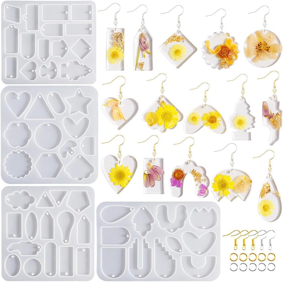 44PCS Resin Earring Molds, Silicone Molds for Epoxy Resin, Geometrical Flower Leave Heart Shaped Epoxy Silicone Casting Molds for Jewelry Pendant Keychain Charm, Resin Epoxy Kit