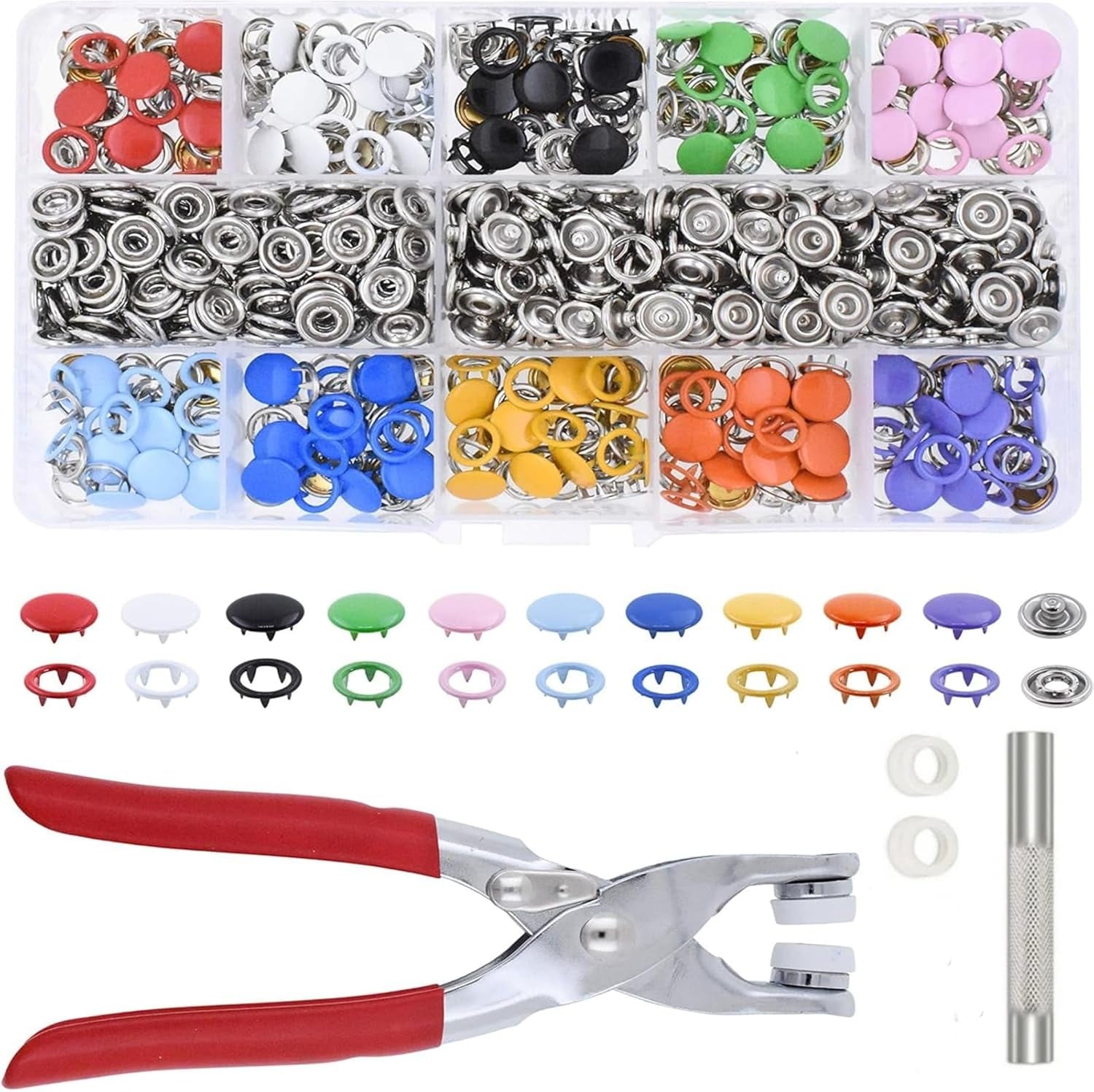 Snap Button Kit,Colorful Metal Snaps Buttons,Hollow and Solid Metal Prong Snaps Buttons with Setting Tool,Snap Button Fasteners Kit Perfect for DIY Crafts Clothesand Sewing.(9.5Mm)