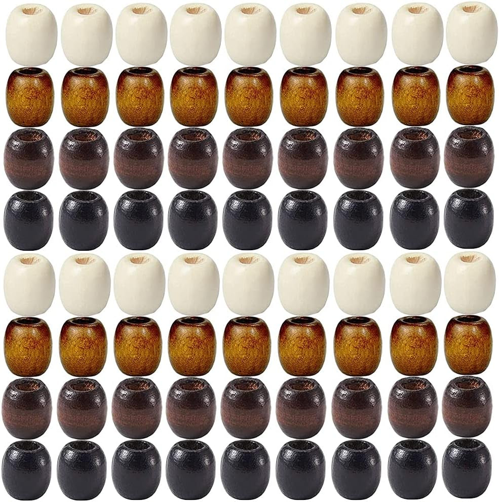 200Pcs Large Hole Barrel Wood European Loose Beads 4 Colors Natural Wooden Dreadlock Hair Braid Beads for Hair Braids Jewelry Bracelet Necklace Making 16X16-17Mm