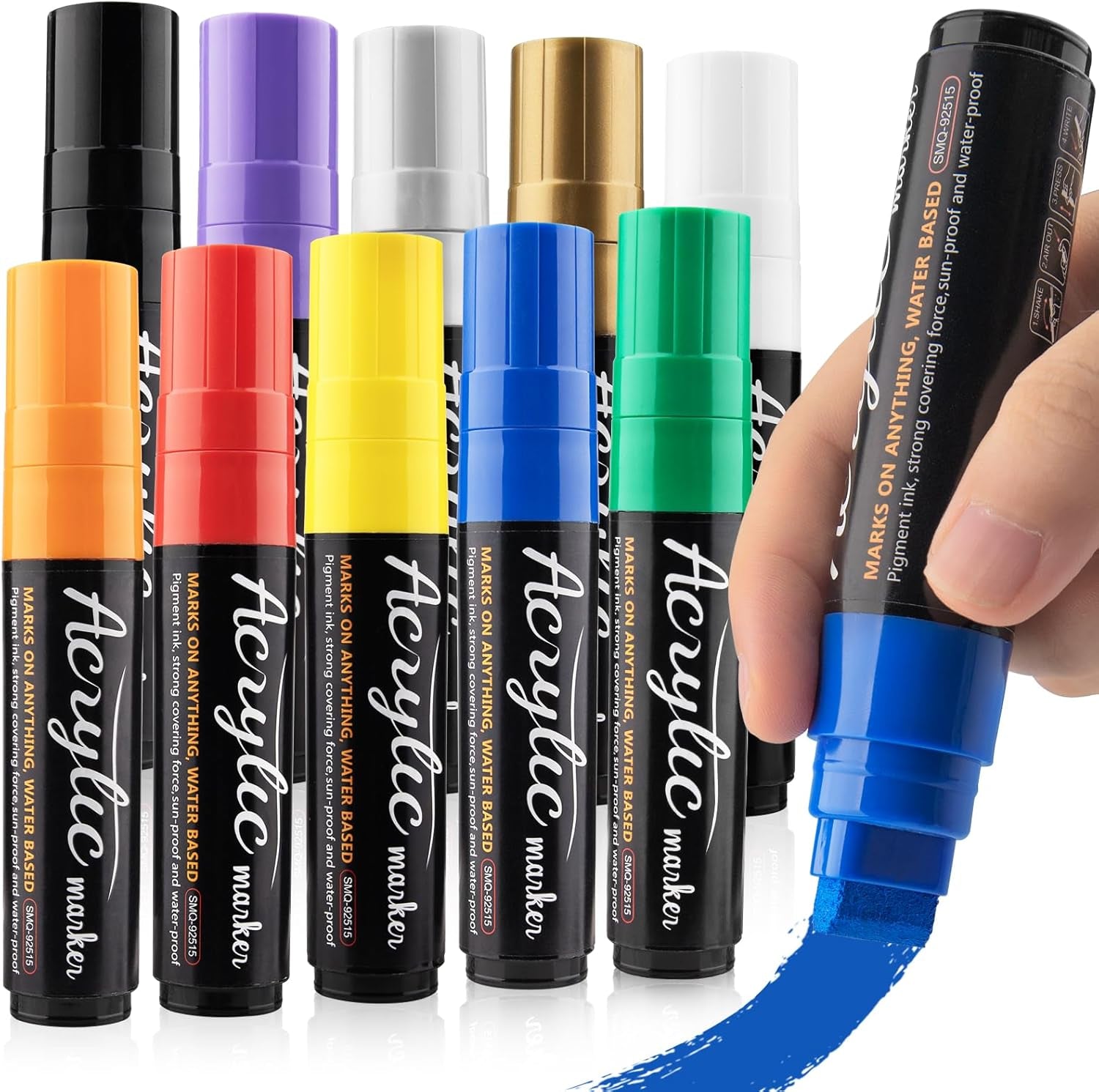 Acrylic Paint Markers - 10 Jumbo Colored Markers, 15Mm Jumbo Felt Tip, Waterproof and Permanent Ink Acrylic Paint Marker Pens for Rock Painting, Stone, Ceramic, Glass, Wood, Canvas, Outdoor Paintings