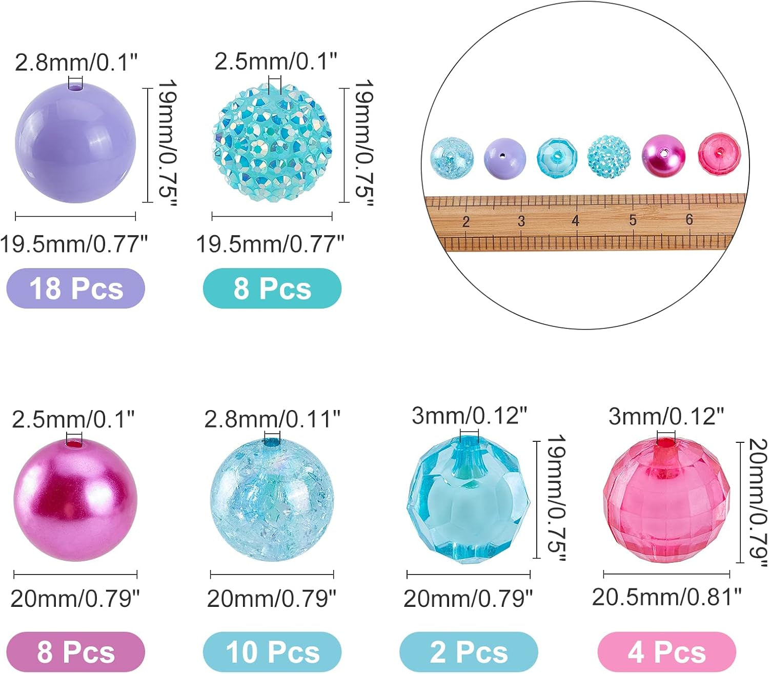 50Pcs Chunk Beads, 20Mm Focal Beads Bubblegum Beads Colorful Pen Beads Large Rhinestone Pearl Beads Loose Beads Spacer Beads for Pen School Jewelry Bracelet Necklace Keychain Craft Making