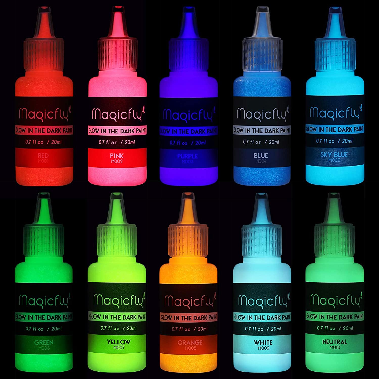 Acrylic Glow in the Dark Paint, 10 Bright Colours Liquid Luminous Paint, Neon Paints Glow in Dark for Painting, Halloween Decoration, DIY Crafts, 20 Ml Each