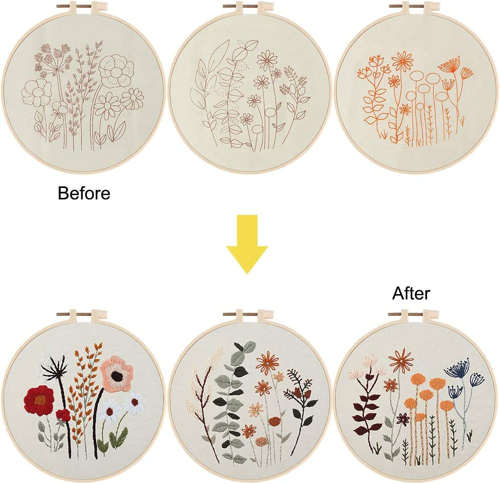 3 Pack Embroidery Starter Kit for Beginners Stamped Cross Stitch Kits with Cute Flowers and Plants Patterns with 1 Embroidery Hoop and Color Threads for Adults Kids