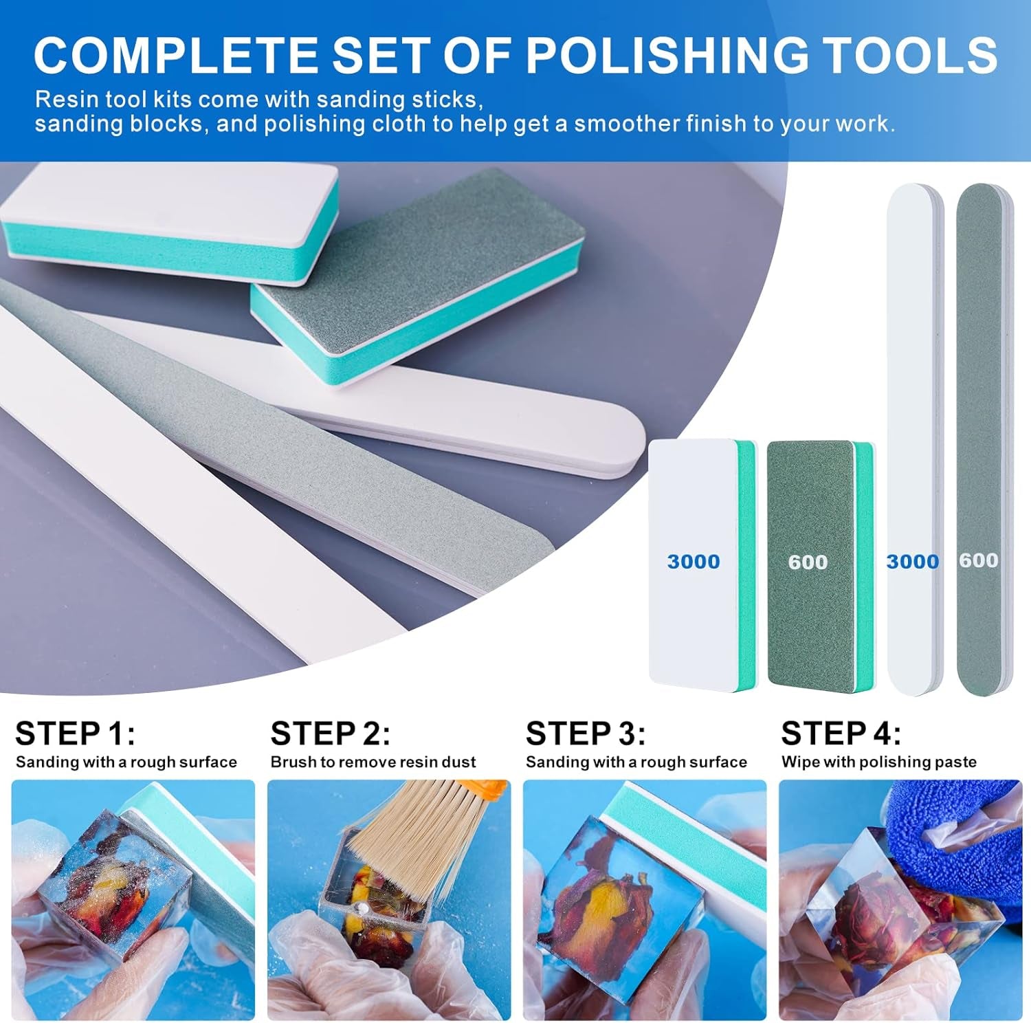 Resin Polishing Strips Kit,33Pcs Resin Supplies with Sandpaper,Resin File Kit &Blocks,Scissors,Wooden Brush,Cloth,Resin Tools for Epoxy Resin,Jewelry Making Supplies,Resin Molds