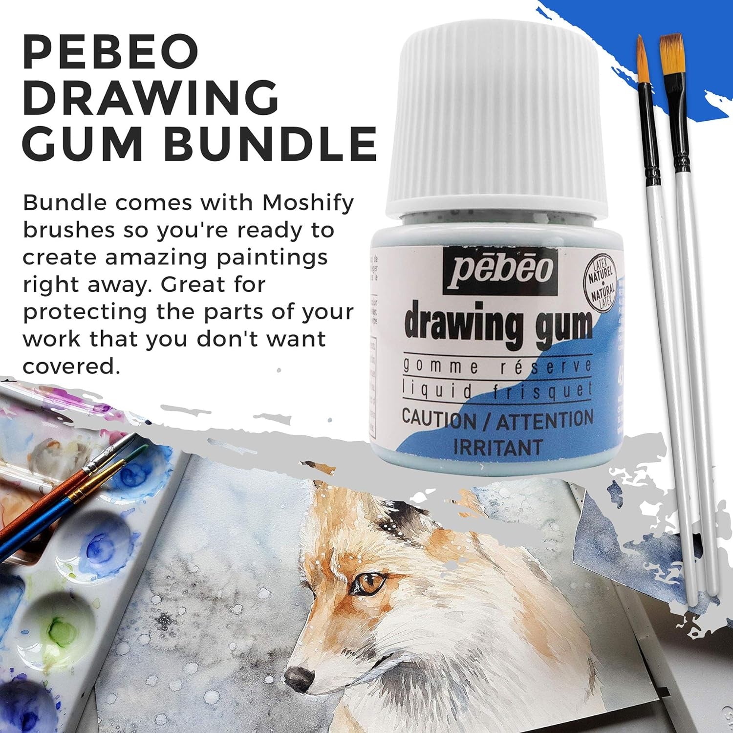 Pebeo Drawing Gum Made in France - Masking Fluid for Watercolor Painting and Various Art Projects - Bundled with  Applicator Brush Set
