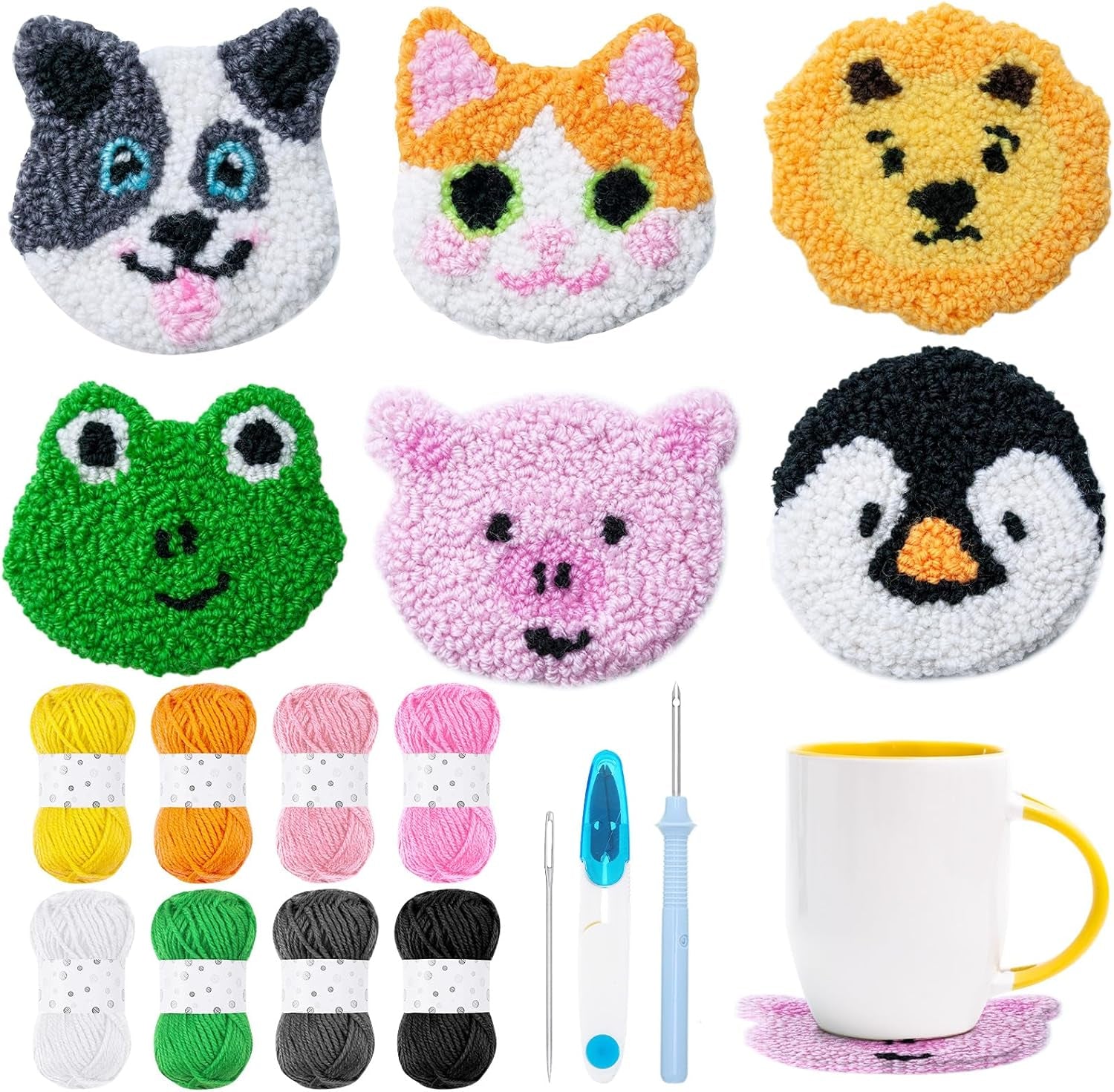 6 Set Animal Punch Needle Coasters Kit with Pattern, Yarn, Adhesive Felts, Hand Tools, Wooden Embroidery Hoop and Instruction Rug Punch Decoration DIY Art Crafts Kit for Adult Beginner