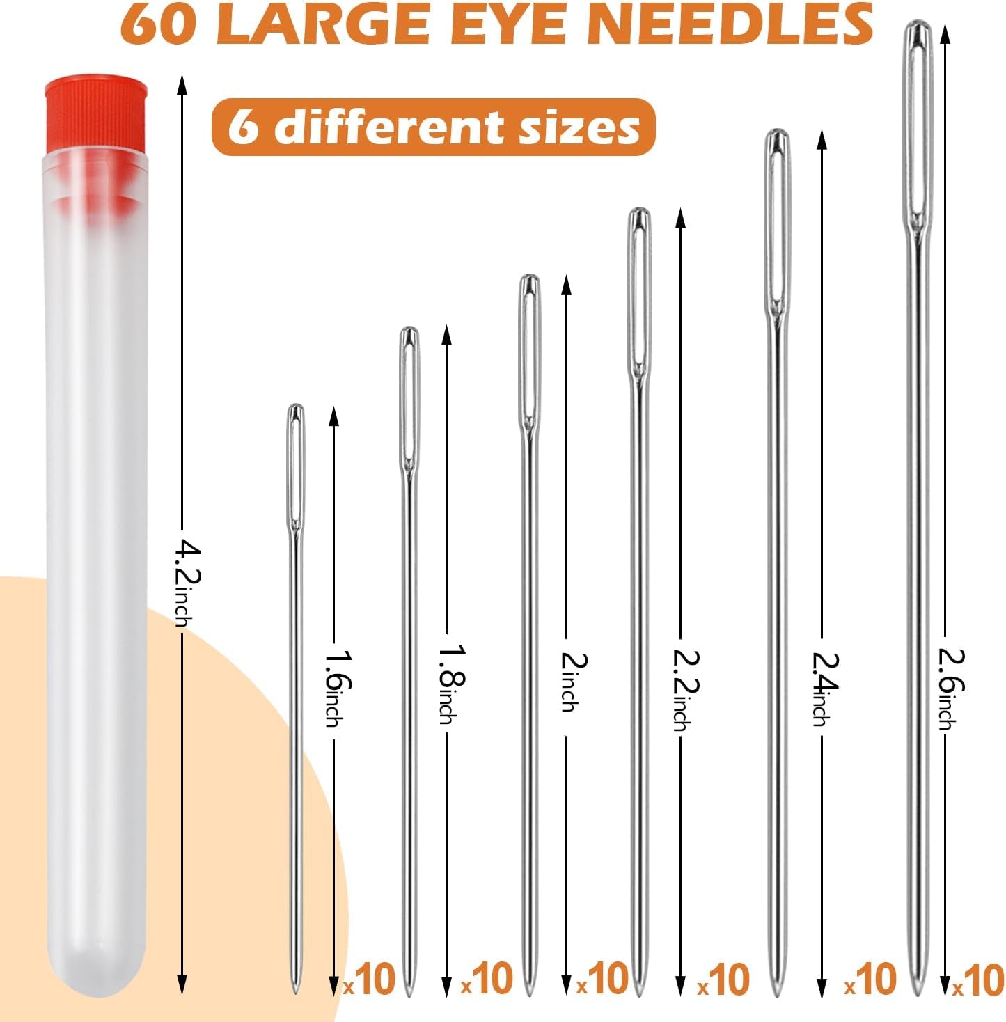 60 PCS Large Eye Sewing Needles, 6 Sizes Hand Sewing Needles, Leather Needle Embroidery Thread Needle, Stainless Hand Quilting Needles with Threaders for Hand Sewing Art Crafts