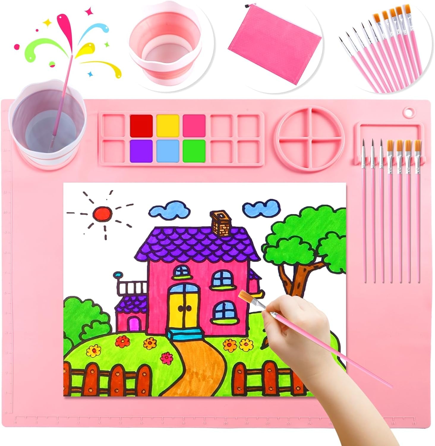 Silicone Craft Mat 20X16 Inch Large Silicone Art Mat with Detachable Cup Painting Mat with 10 Painting Brushes Silicone Drawing Mat Sheets for Kids Adult DIY Accessories (Blue)