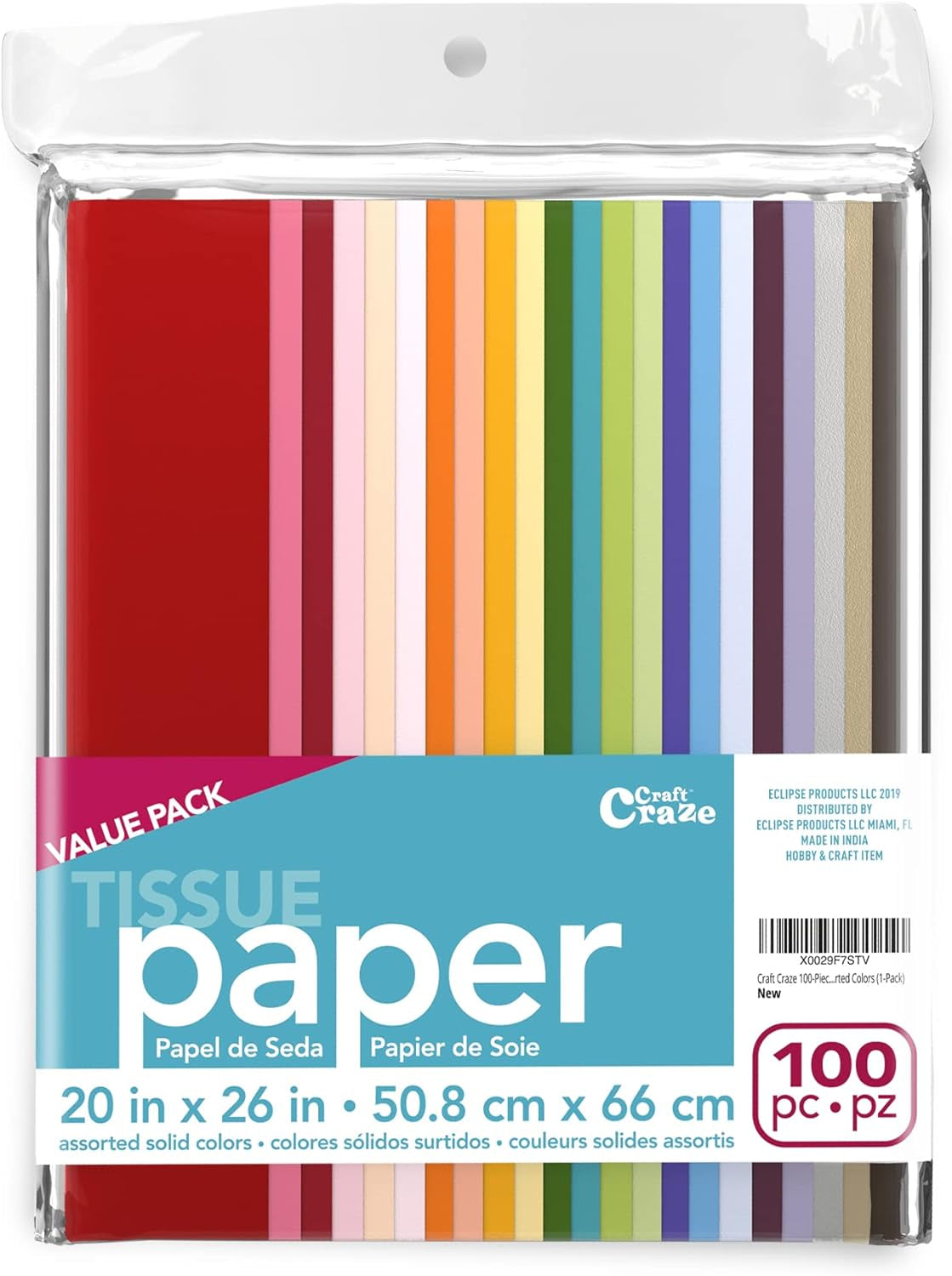100 Sheets (20" X 26") 25 Assorted Colors Premium Quality Tissue Paper for Gift Wrapping, Arts & Crafts, Packing and Decorations (1-Pack)