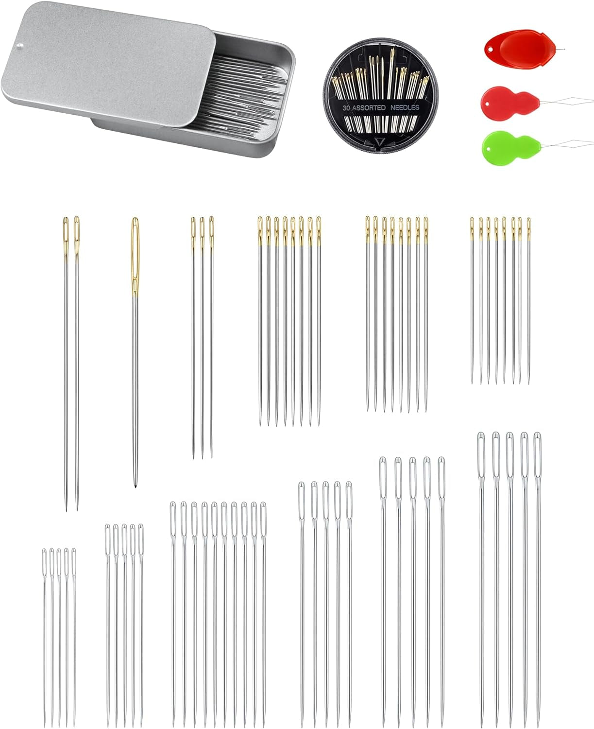 80/40 PCS Large Eye Sewing Needles, 7 Sizes Sewing Sharp Needles, Leather Needle Embroidery Thread Needle, Stainless Steel Yarn Knitting Needles with Threaders for Handsewing Art Crafts CJ