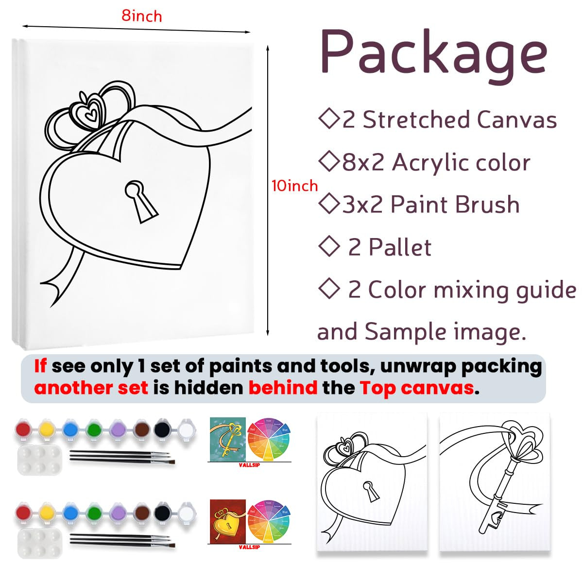 2 Pack Paint and Sip Canvas Painting Kit Pre Drawn Canvas for Painting for Adults Stretched Canvas Couples Games Date Night Lock Key Paint Party Anniversary Valentine'S Day (8X10)