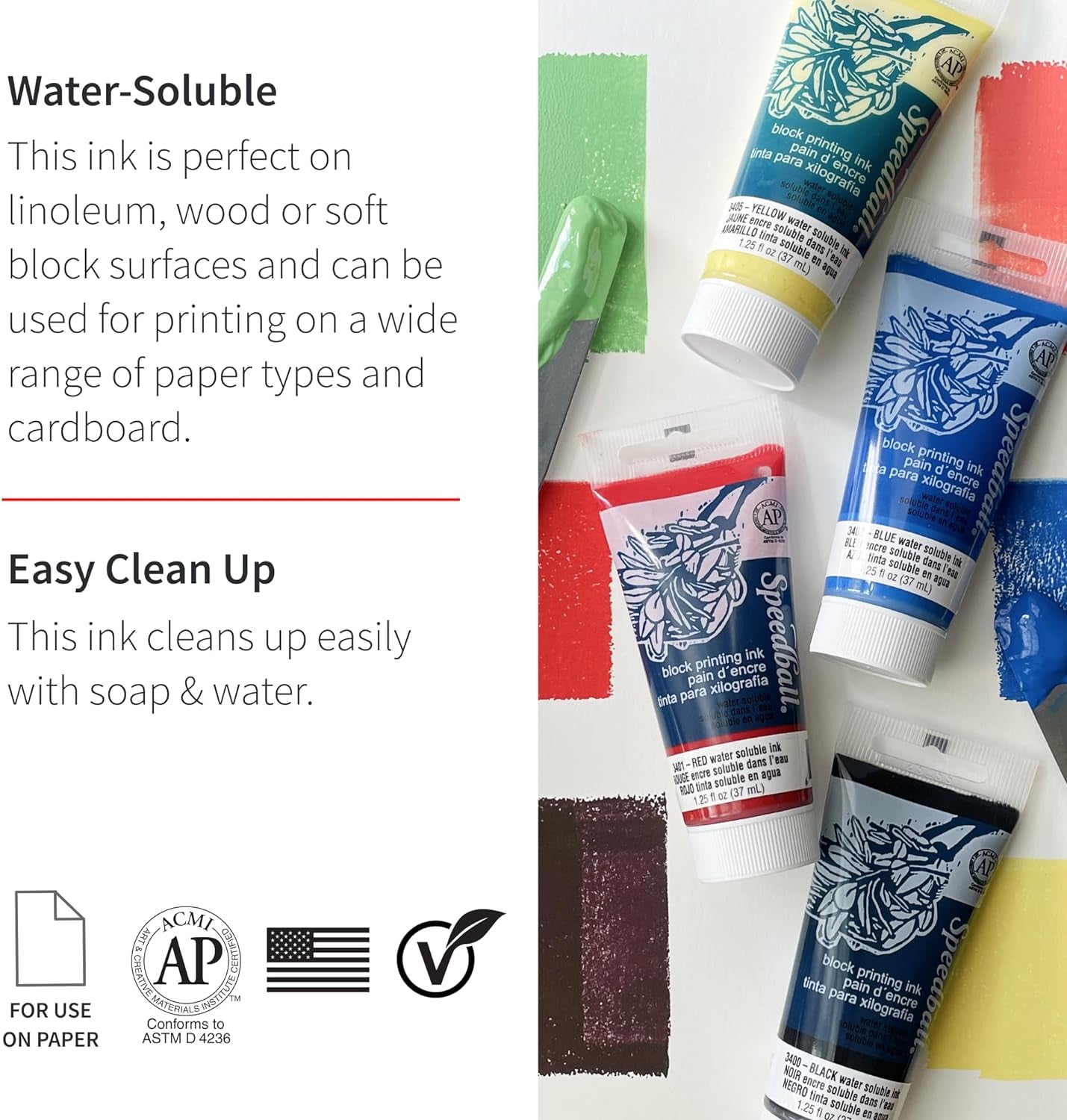 Water-Soluble Block Printing Ink Starter Set, 4-Color Set, 1.25-Ounce Tubes