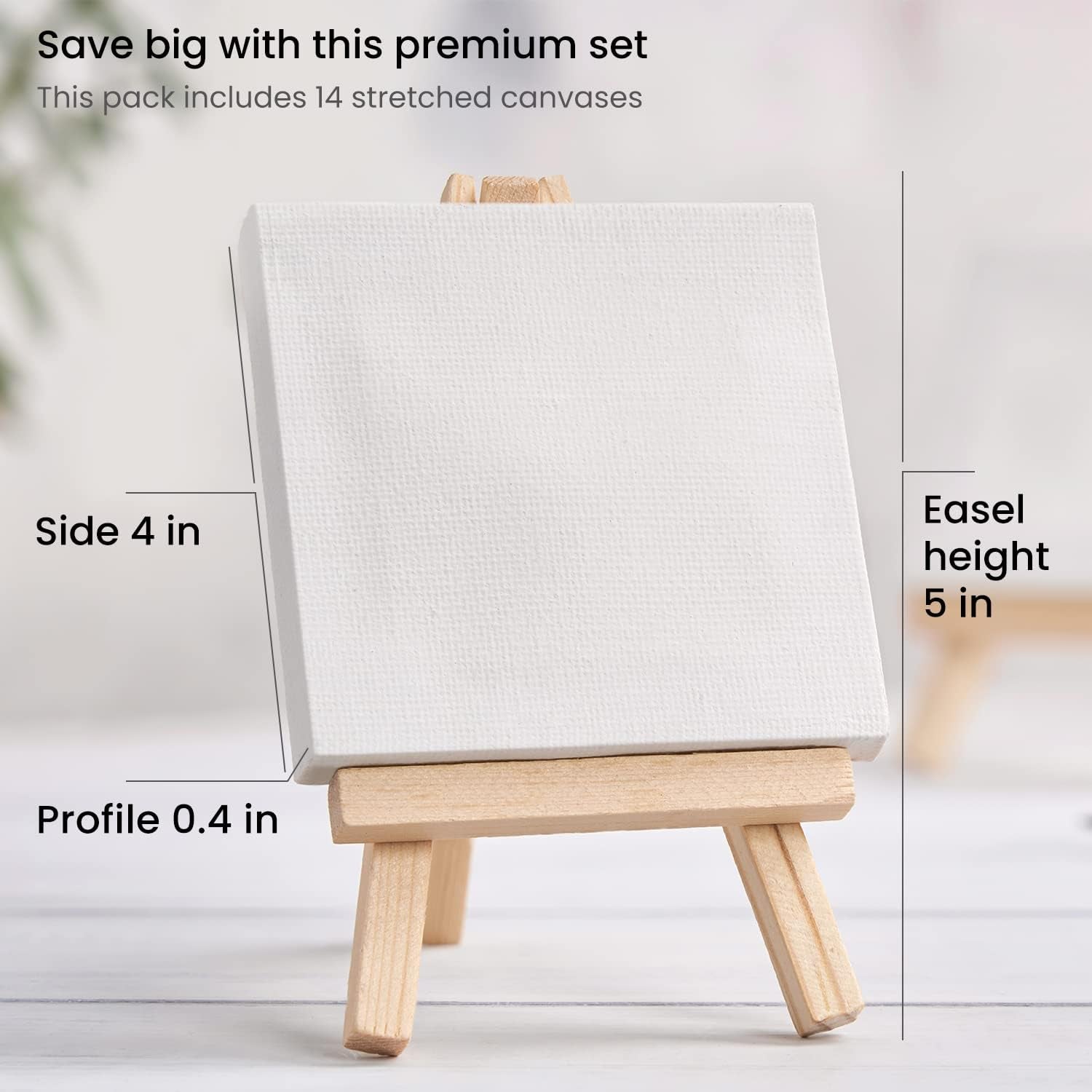 Small Canvases with Easels, 4 X 4 Inches, Pack of 14, Blank White Stretched Canvas for Acrylic, Oil and Gouache Painting