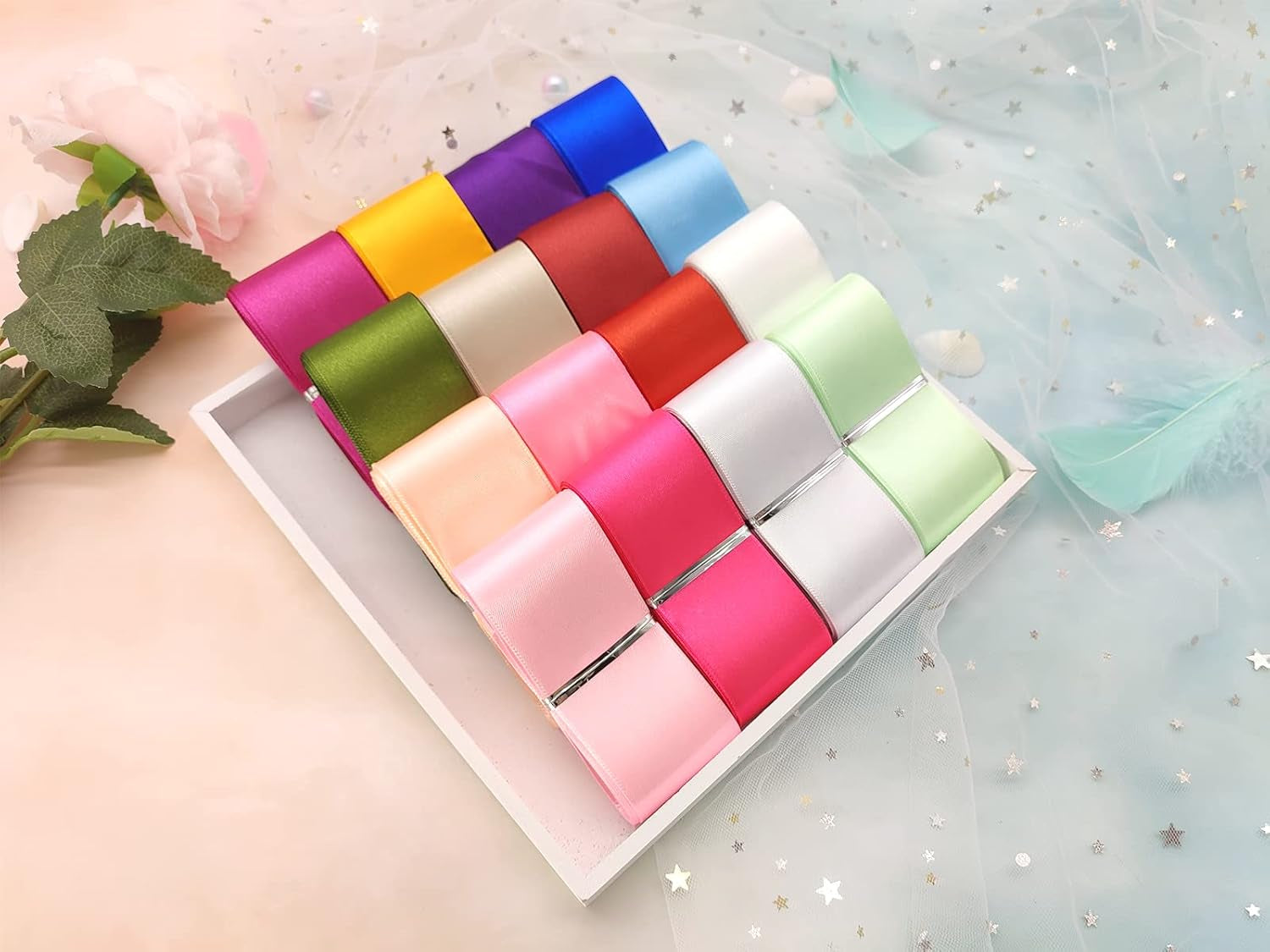 1 1/2" Single Face Satin Ribbon Assortment-100 Yards 25 Colors- Fabric Bulk Craft Ribbon for Gift Wrapping, Bow,Craft, Wreath,Binding Blanket (Multi-Color)