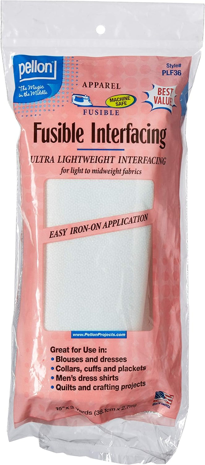 , White, PLF36 Ultra Lightweight Fusible Interfacing, 15" X 3 Yards Package