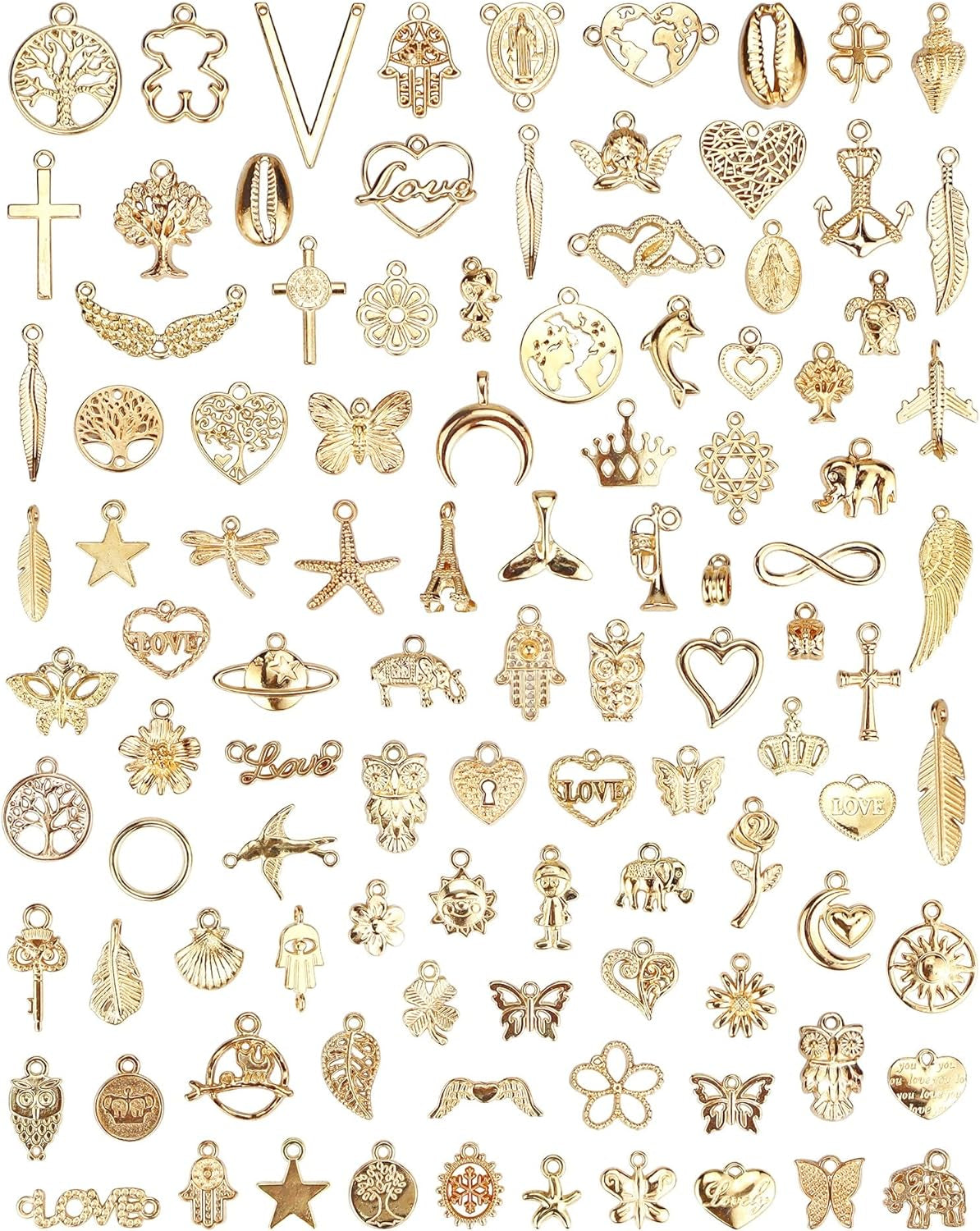 100 Pcs Wholesale Bulk Lots Jewelry Making Charms, Mixed Golden KC Gold Alloy Charms Pendants for Necklace Bracelet Jewelry Making and Crafting Supplies