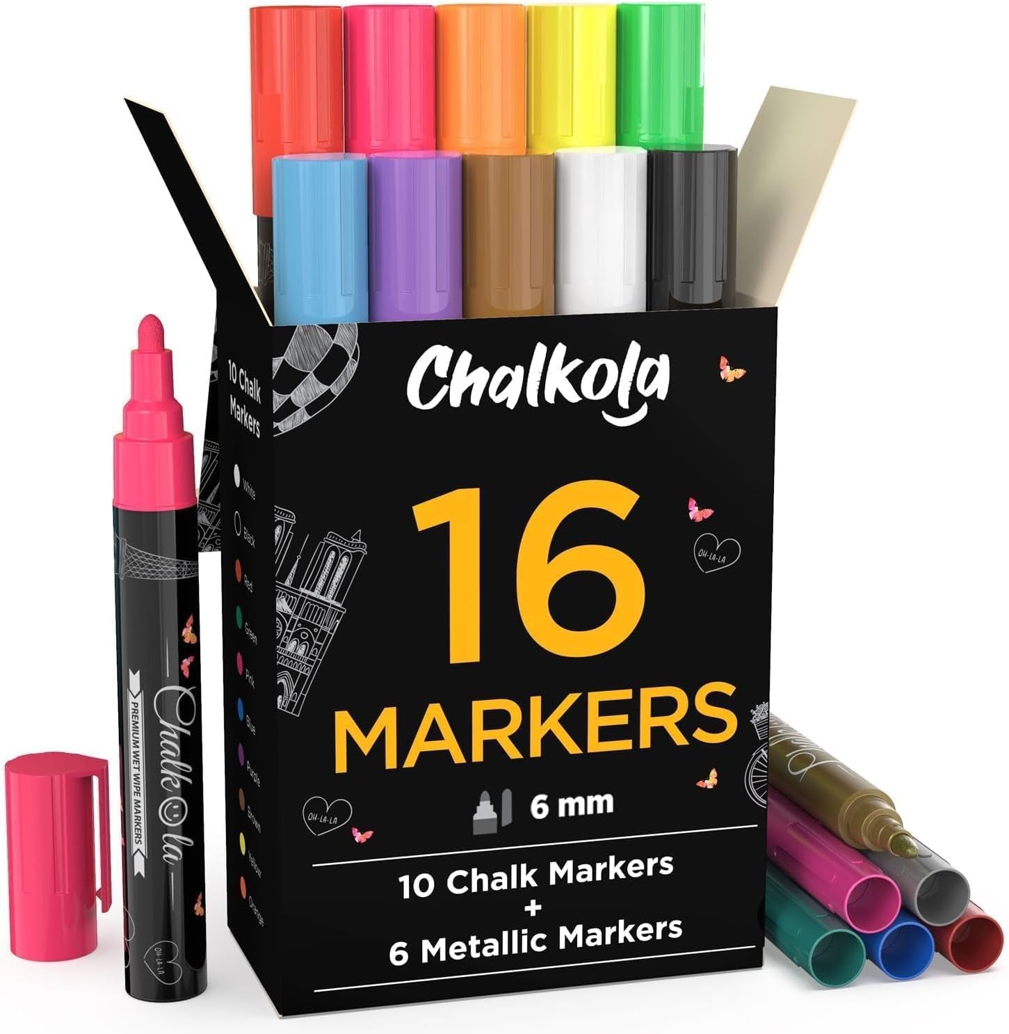 Liquid Chalk Markers & Metallic Colors Pack of 16 Chalk Pens - for Chalkboard, Blackboards, Window, Glass, Bistro | 6Mm Reversible Bullet & Chisel Tip Erasable Ink
