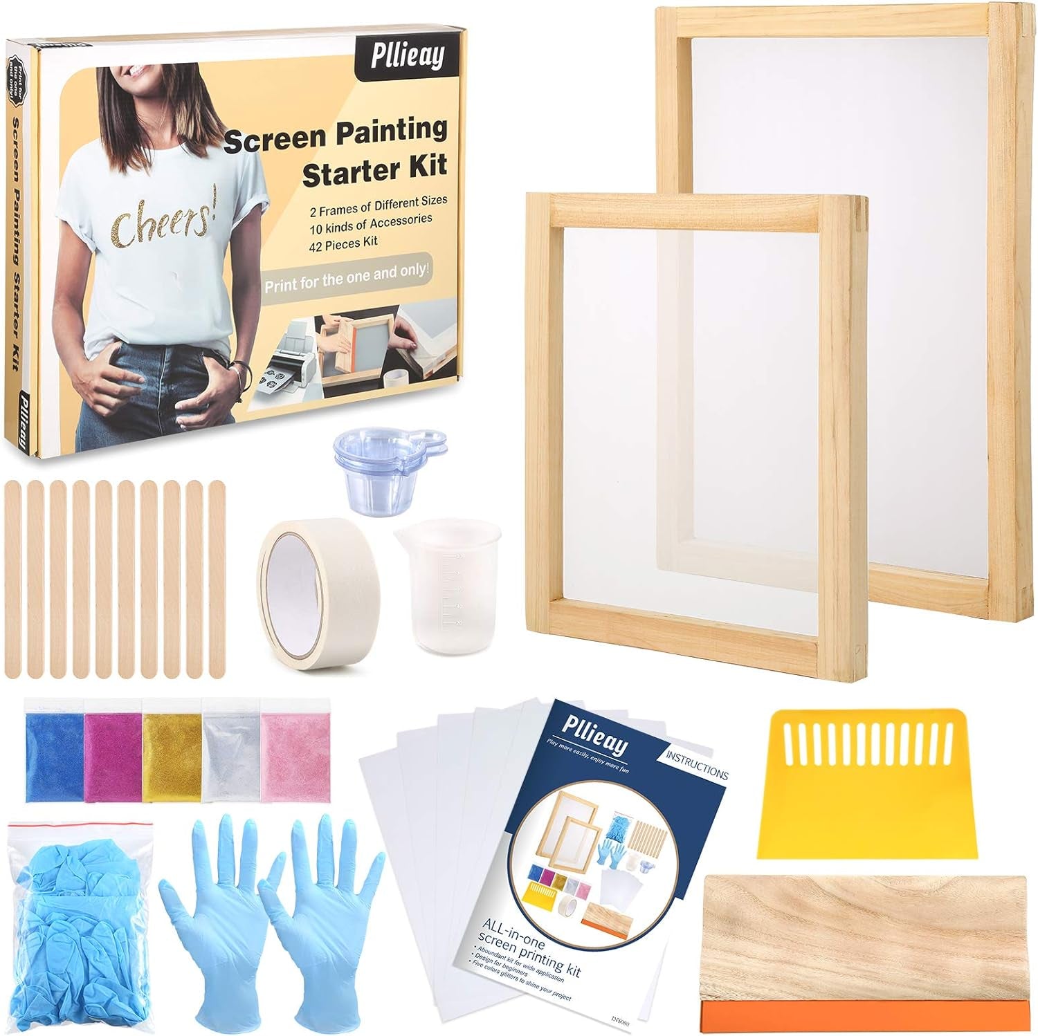 42 Pieces Screen Printing Kit with Instructions, Include 2 Pieces Wood Silk Screen Printing Frames, 5 Colors Fine Glitter, Screen Printing Squeegee, and Waterproof Transparency Films