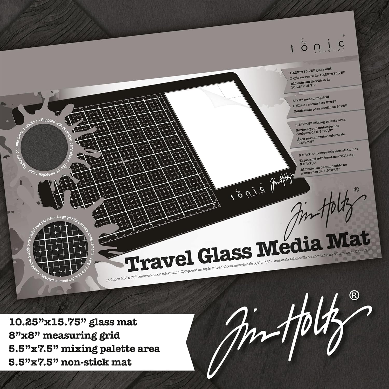Tim Holtz Travel Glass Cutting Mat - Portable Work Surface with 8X8 Measuring Grid and Palette for Mixed Media - Art Supplies with Carry Case