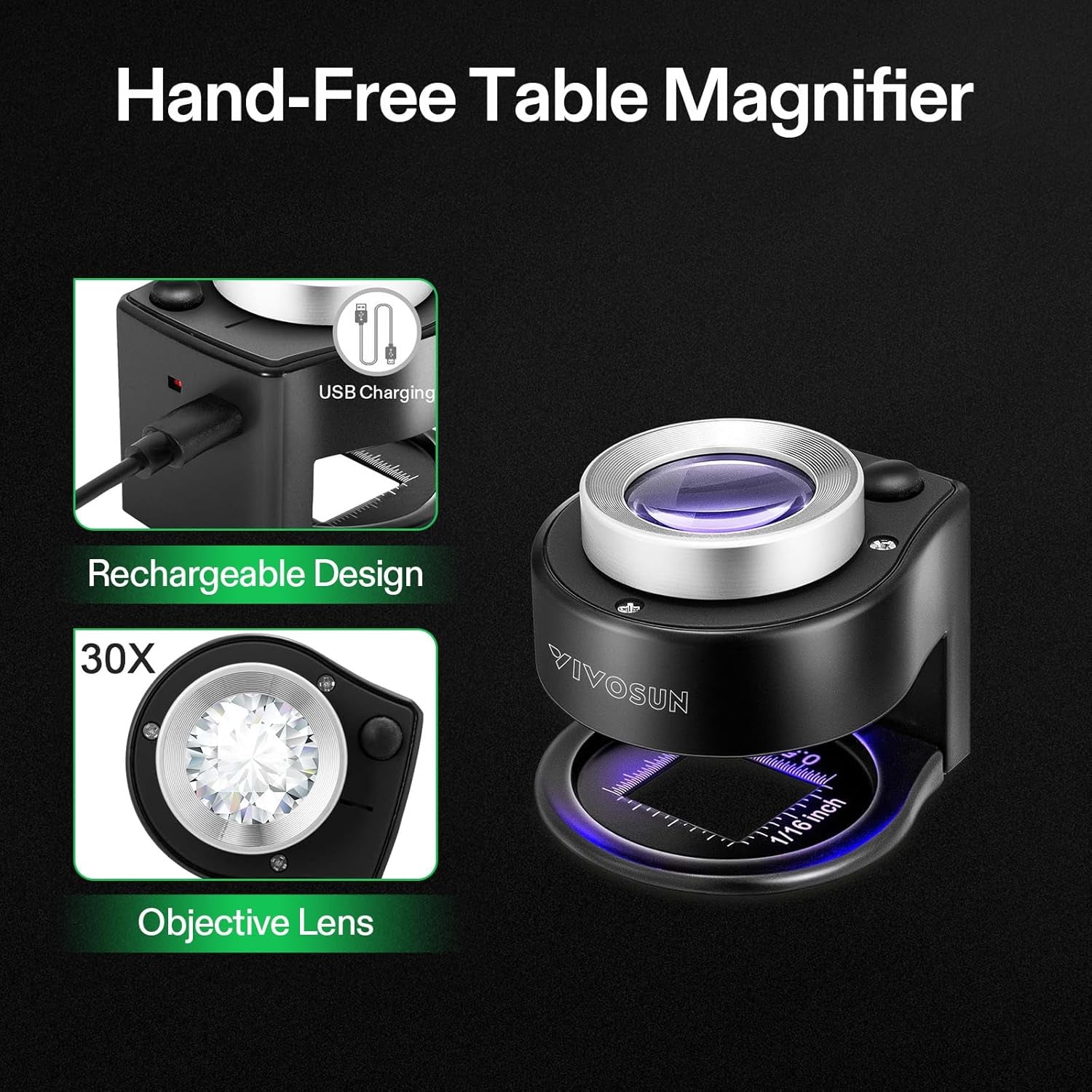 30X Rechargeable Loupe Magnifier with White LED Light and UV Light, Portable Magnifying Glass with Optical Glass Lens &amp; Scale for Jewelry, Textile, Gems, Stamps, Coins and Plants