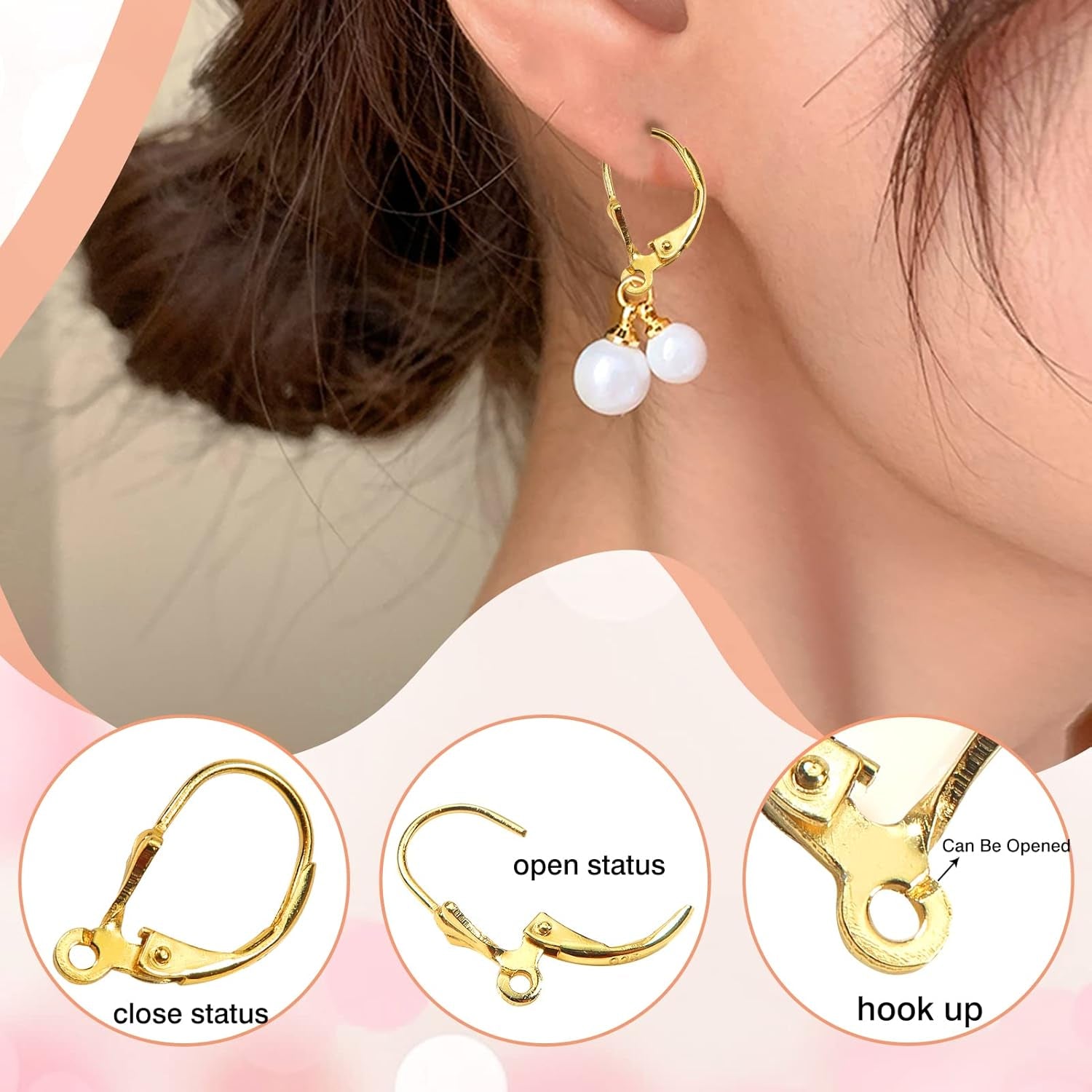 8Pcs 925 Sterling Silver Leverback French Earring Hooks with Open Loop 10X17Mm Hypo Allergenic Gold Dangle Ear Wire Findings for Jewelry Making