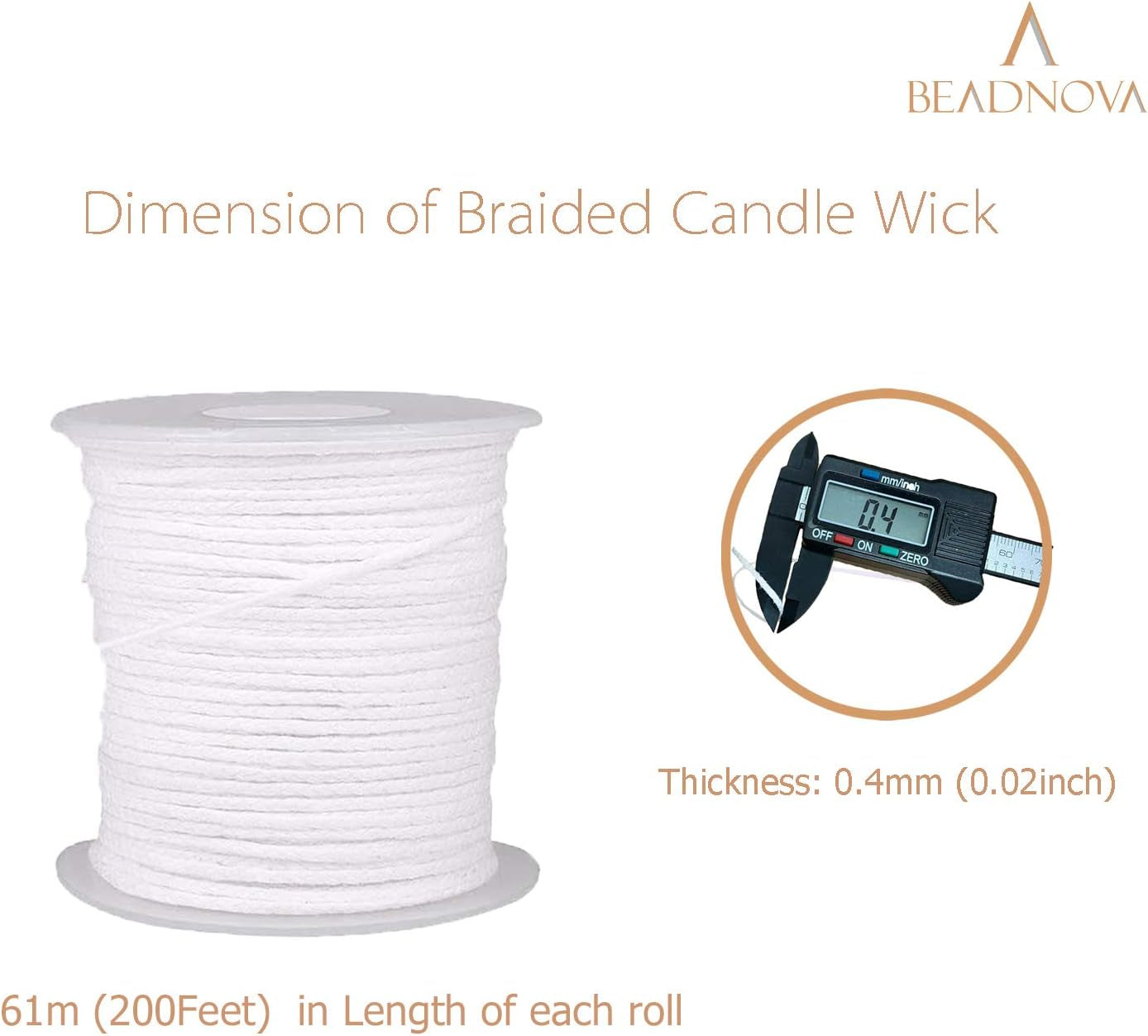 Braided Candle Wick Spool 200 Ft Cotton Candle Wick Roll Core Braided Wick for Candle Making and Candle DIY (61M/67Yard/200 Foot)