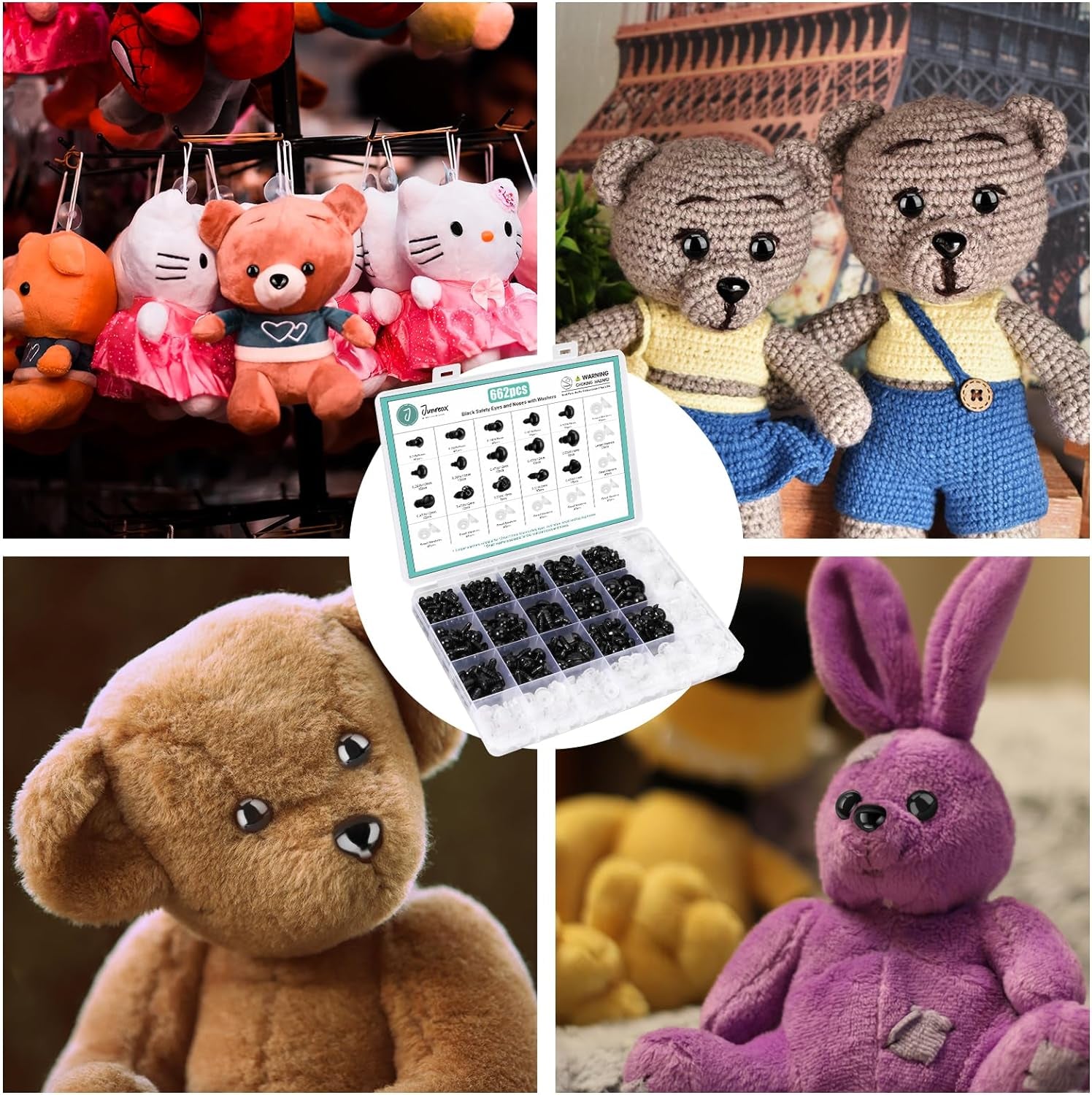 662Pcs Safety Eyes and Noses for Amigurumi,  Preimum Safety Eyes for Crochet Stuffed Animals, 5-14Mm Assorted Plastic Crochet Craft Eyes with Washers for Teddy Bear, Dolls, Plushies Toys, Black