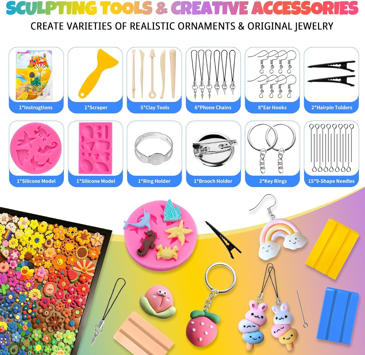 Polymer Clay, 50 Colors Modeling Clay for Kids, Non-Sticky Oven Bake Clay with Sculpting Tools and Accessories, DIY Starter Kits, Christmas Gift for Children and Artists