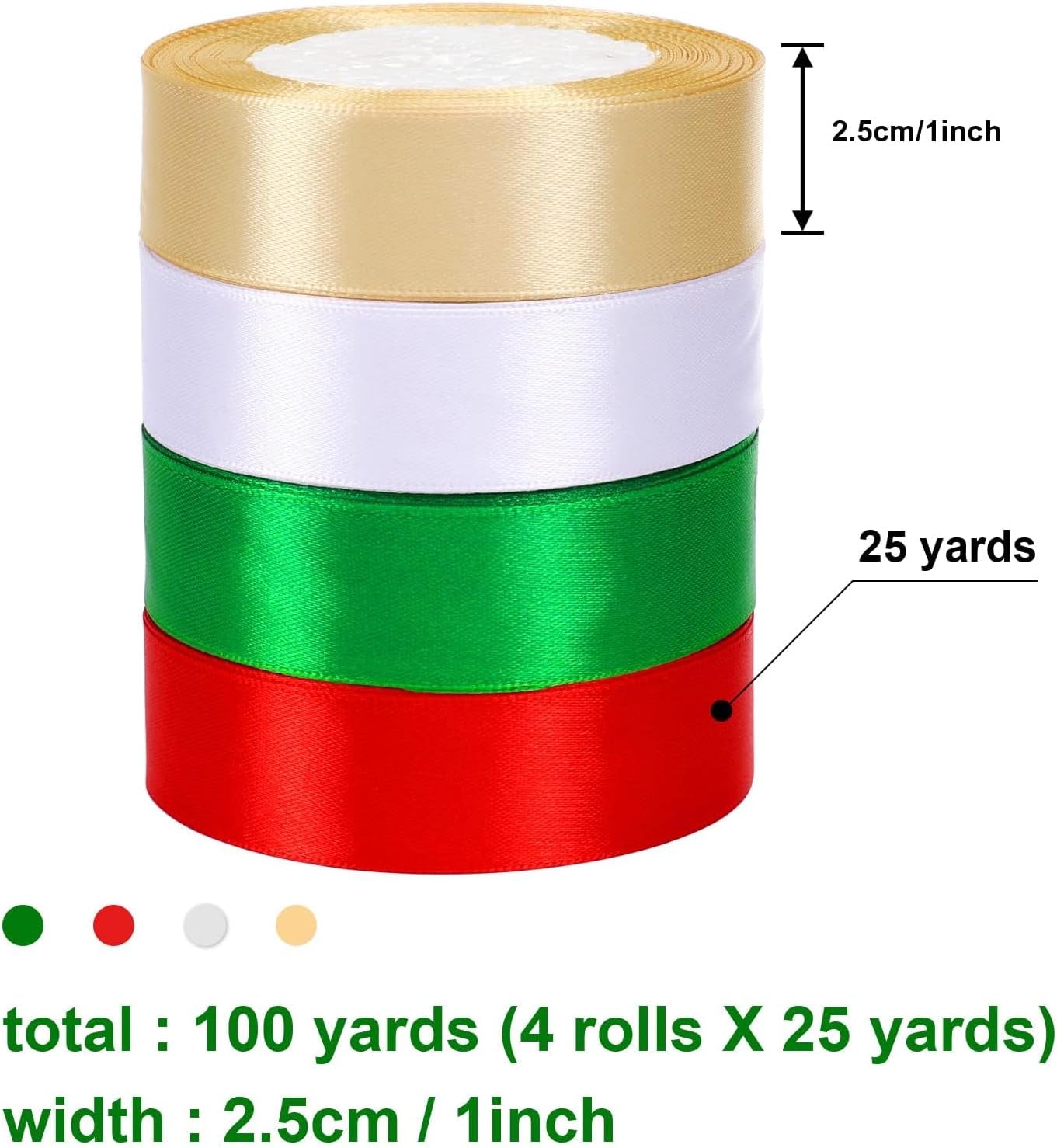 4 Rolls 100 Yards Christmas Ribbons 1Inch Wide Holiday Satin Ribbons Fabric for Gift Wrapping and DIY Craft, Red &amp; Green &amp; Gold &amp;White